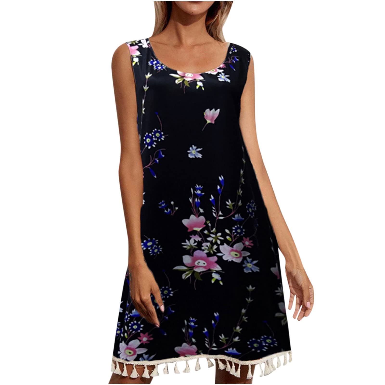 Women's Floral Tassel Scoop Neck Dress - Bohemian Summer & Spring Short Dress - Lightweight Flowy Style for Casual Wear, Beach Outings & Date Nights