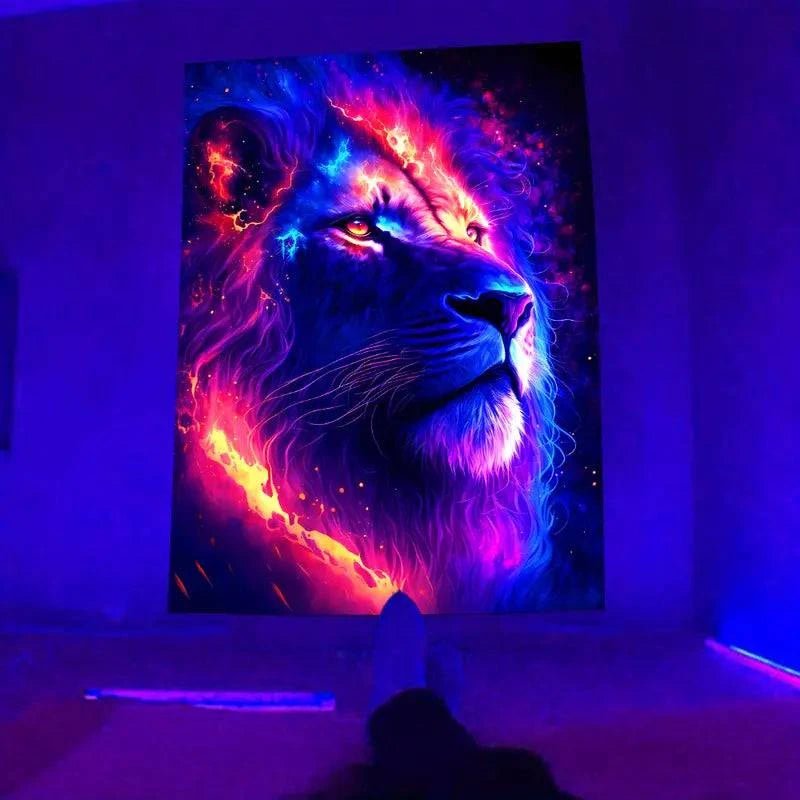 Lion Tapestry Wall Hanging - UV Reactive Glow in The Dark Art Decor for Bedroom, Dorm & Festival - Unique Hippie Boho Tapestry for Home Decor
