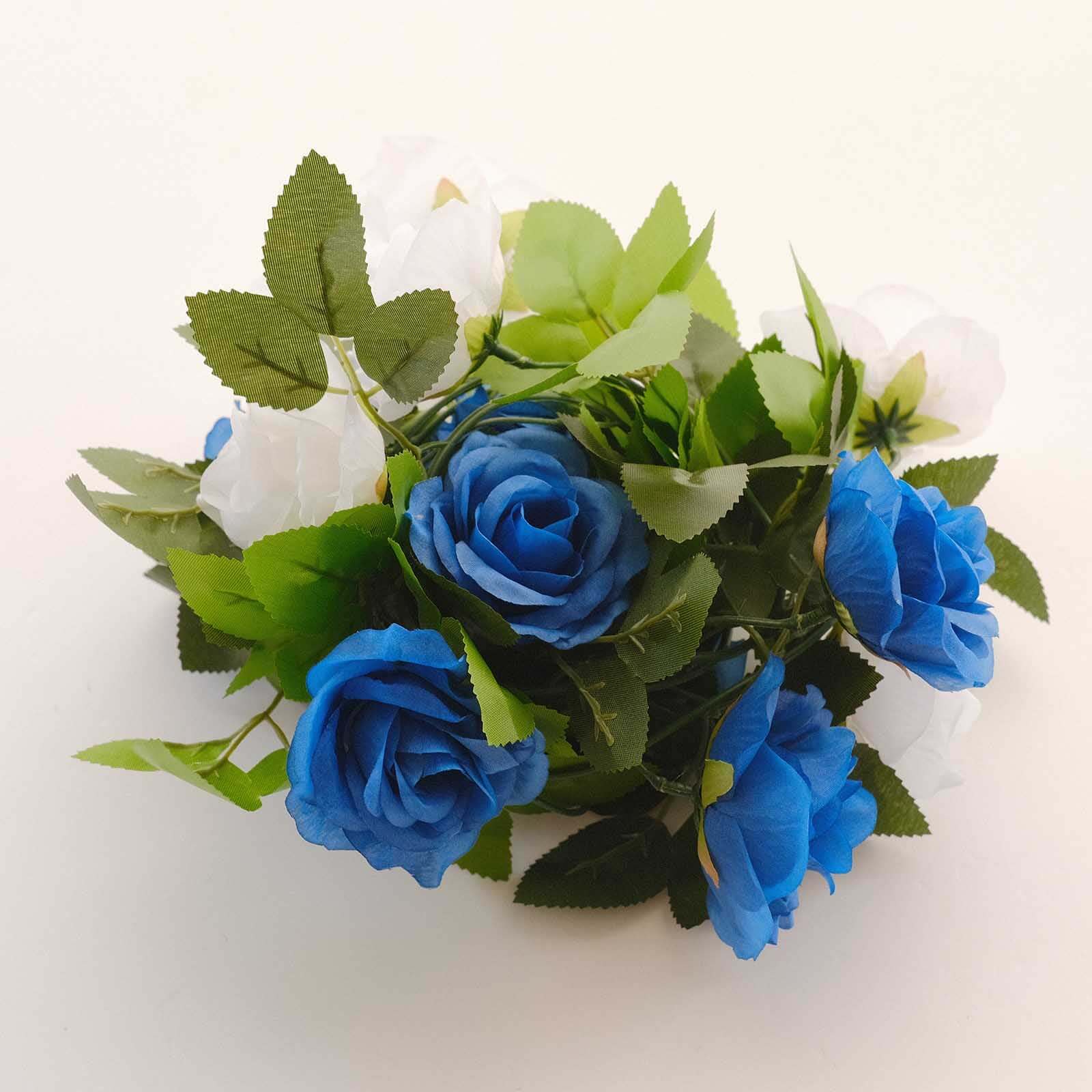2 Pack 7ft White & Royal Blue Artificial Silk Flower Garland - Mini Rose Vines with 26 Flower Heads for Wedding Decor, Party Backdrop, Home Decoration, and DIY Crafts