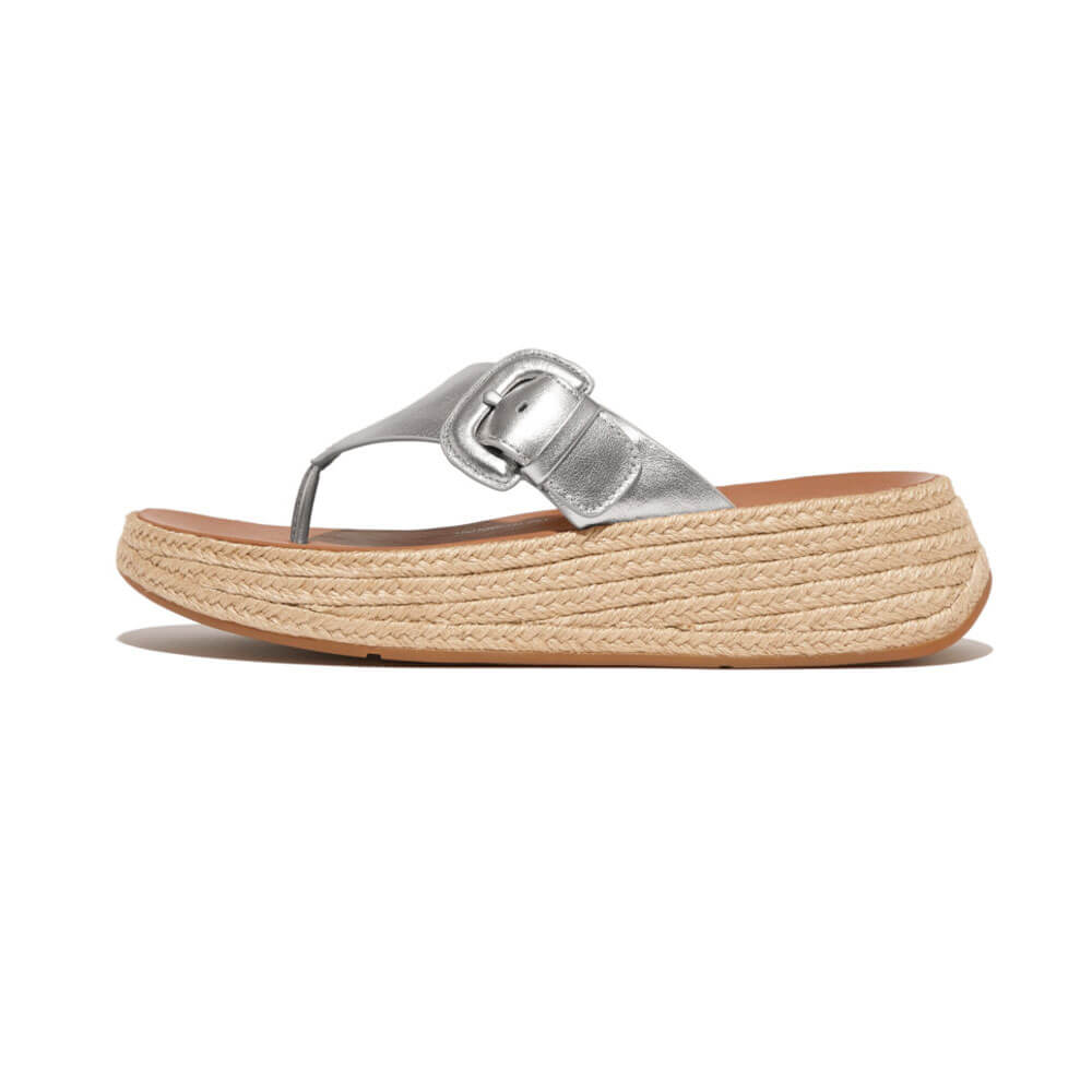 FitFlop F Mode Espadrille Adjustable Leather Flatform Toe Thong Sandals for Women - Silver | Comfortable Summer Beach & Casual Walking Shoes