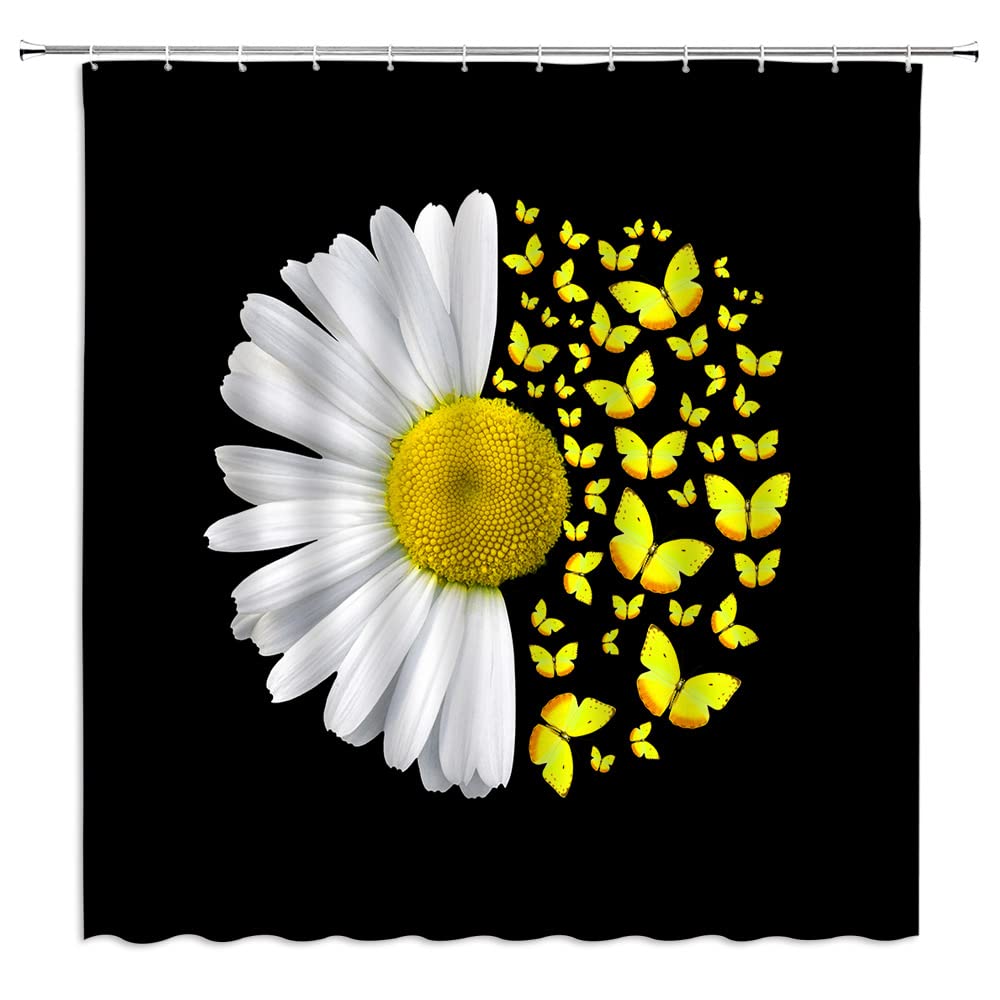 WZFashion Daisy Shower Curtain - Vintage Sunflower Floral Design with Butterflies on Rustic Wooden Board - 70