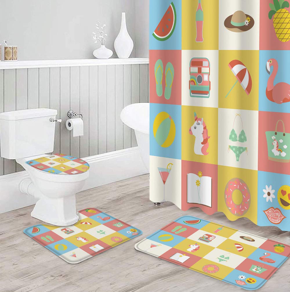 4-Piece Shower Curtain Set with Bath Rugs - Tropical Flamingo Watermelon Pattern, Non-Slip Bath Mat, Toilet Cover & U-Shaped Contour Pad - Pineapple Flower Horse Design for Bathroom Decor | Perfect for Summer Home Refresh & Beach-Themed Bathroom Makeover