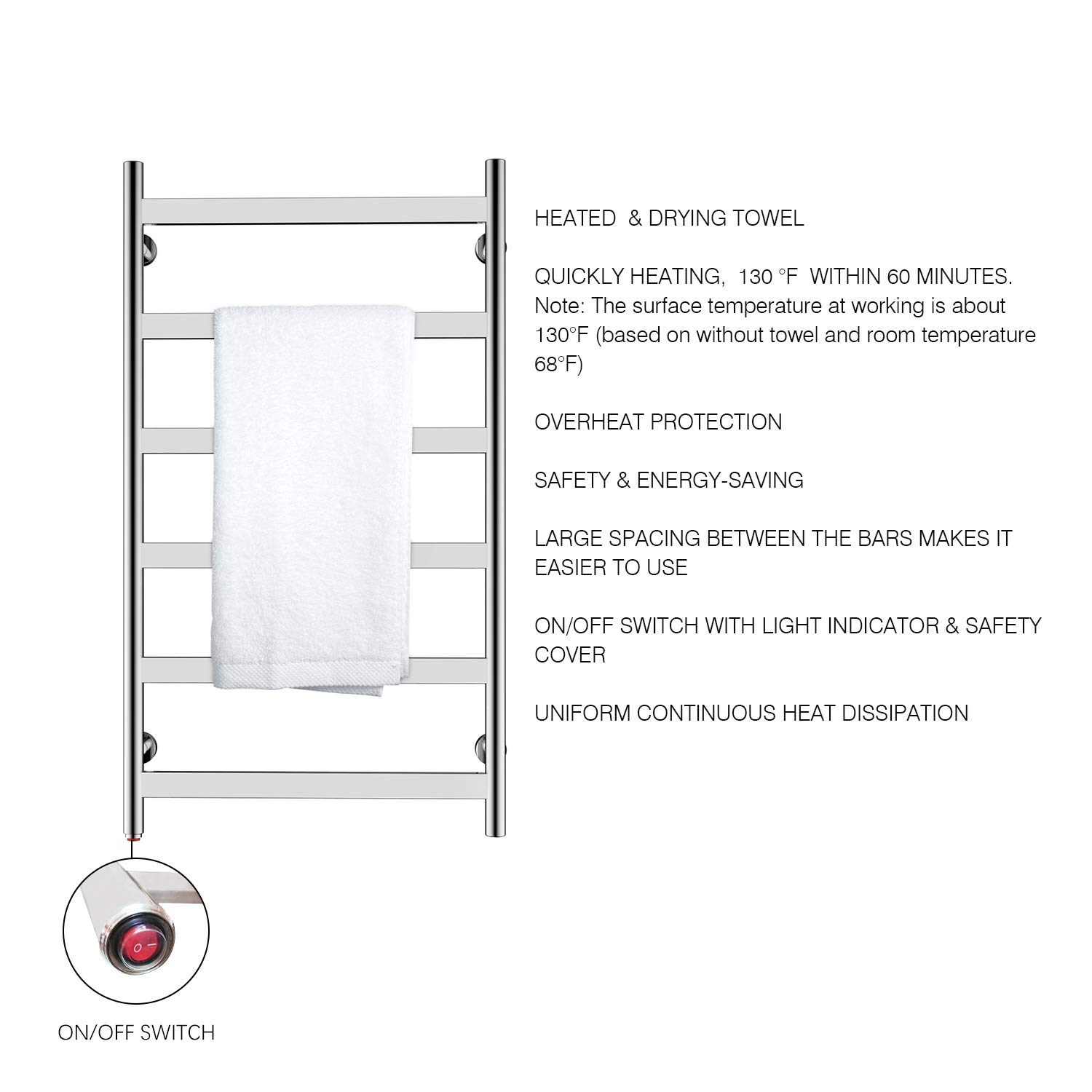 HEATGENE 6-Bar Wall-Mounted Electric Towel Warmer & Dryer - Plug-in Bathroom Heater with Mirror Polish Finish | Perfect for Spa, Bathroom & Luxury Home Use