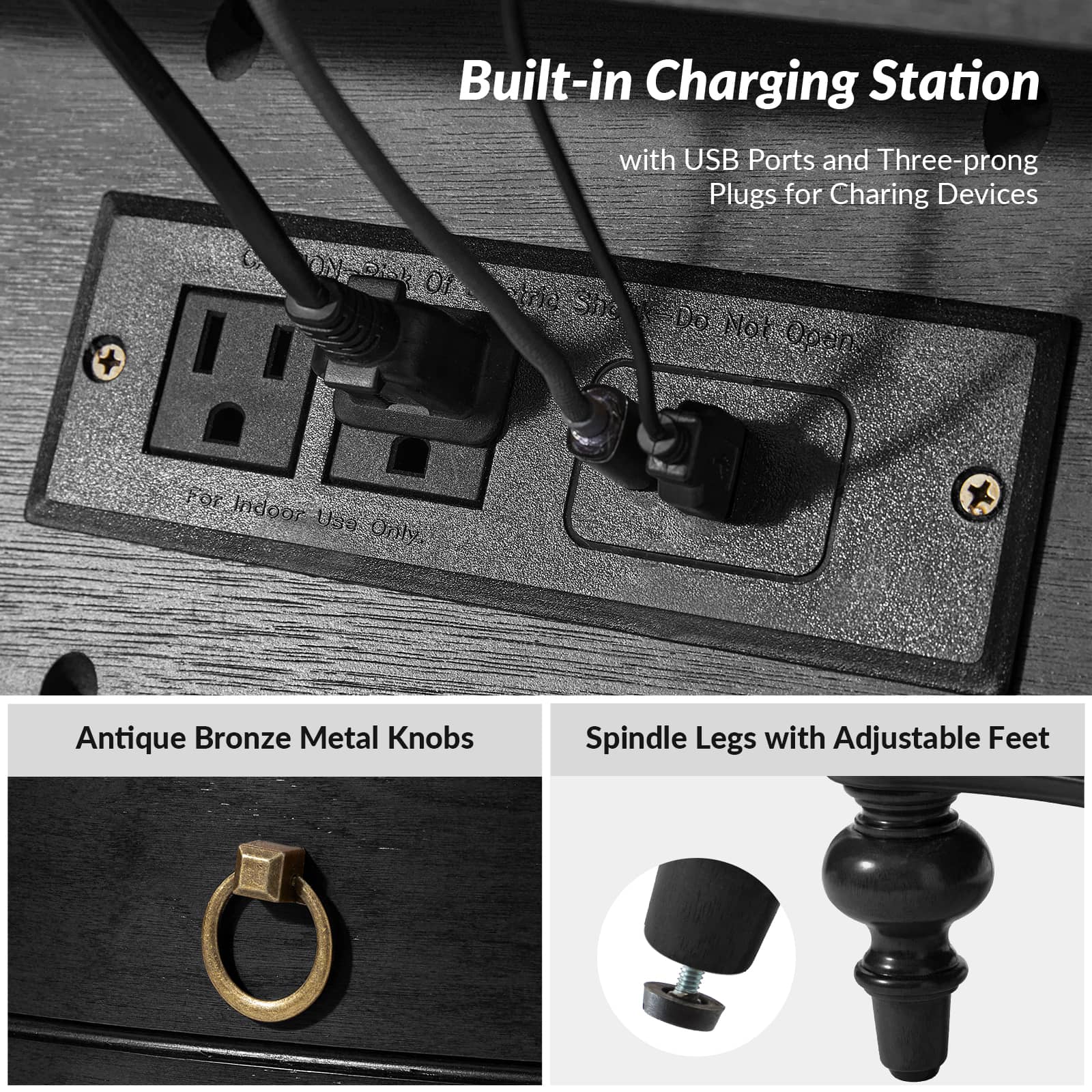 Bernhard 3 Drawer Traditional Nightstand with USB Outlets - Solid Wood Bedside Table for Bedroom, Living Room & Office - Charging Station & Storage Cabinet