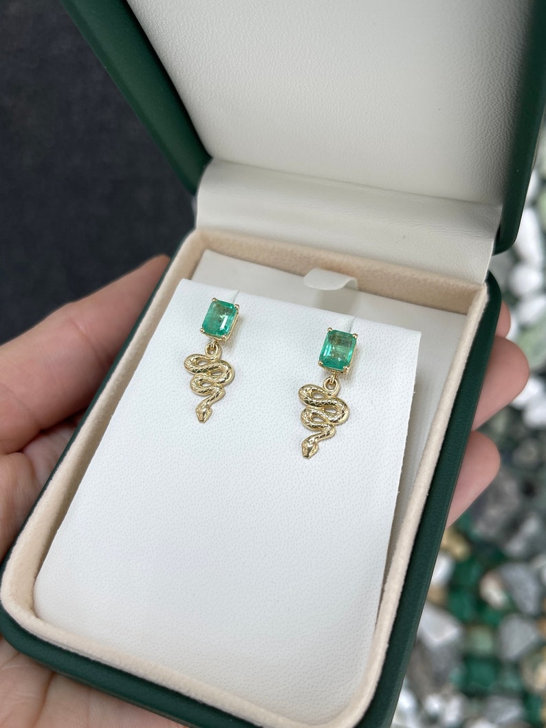2.10tcw 14K Gold Natural Emerald Snake Dangle Stud Earrings for Women - Elegant Jewelry Gift for Birthday, Anniversary & Special Occasions