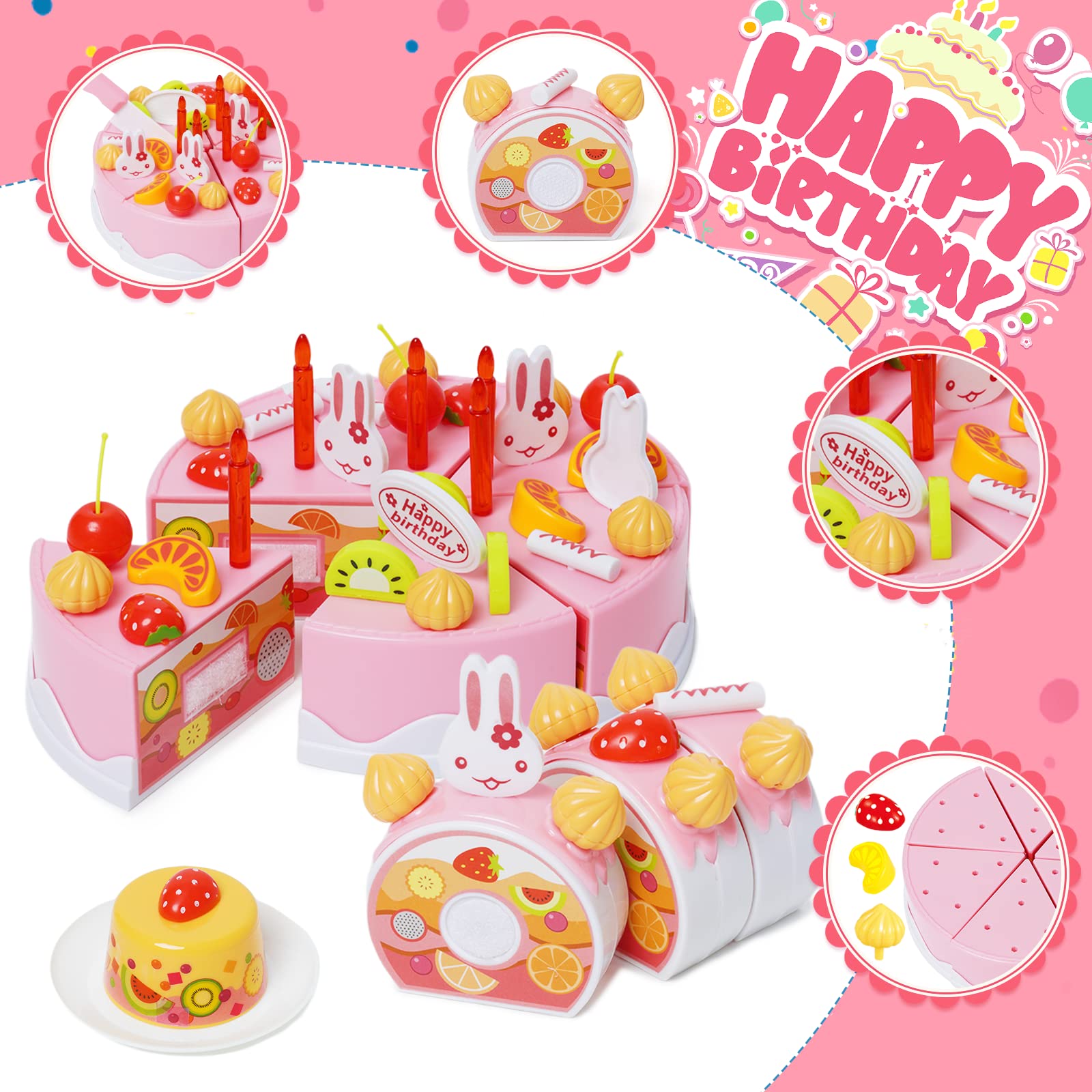 75PCS Pretend Play Birthday Cake Toy Set - Cutting Play Food with Candles, Plates, Ice Cream, Pudding & Cookies - Perfect for Princess Themed Birthday Parties & Role Play Games (Ages 3+) | Great for Kids' Parties, Preschool Learning & Imaginative Play