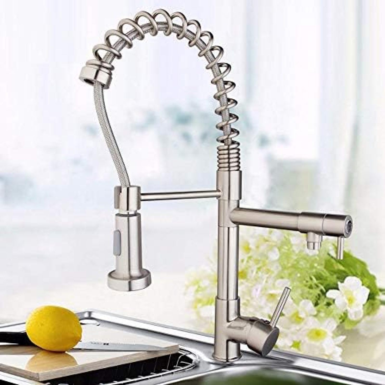 CRJUS Dual Function Brushed Nickel Kitchen Faucet - Pull Down Spray Vessel Sink Mixer Tap with Swivel Spout | Perfect for Modern Home, Restaurant & Commercial Use