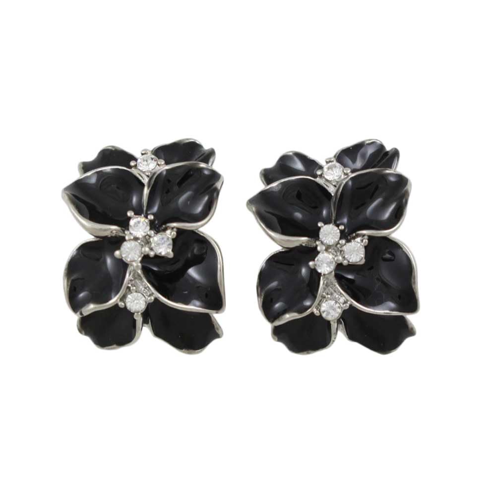 Sparkling Black Glossy Enamel Flower Earrings with Crystal Accents - Elegant Dangle Clip-On Earrings for Women, Perfect for Weddings, Parties & Special Occasions