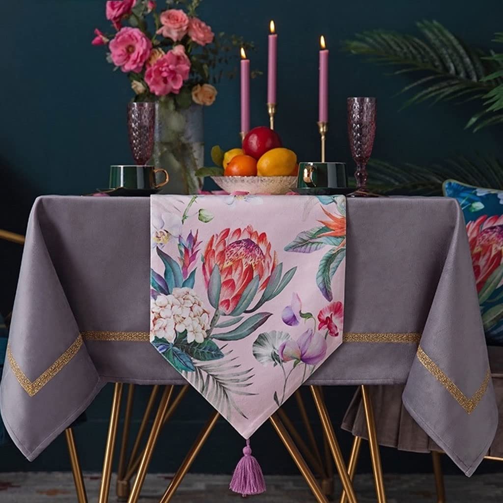 Elegant Embroidered Velvet Table Runner with Tassels - 32x180cm Rectangular Long Coffee Table Cover for Parties & Home Decor (Pink) - Perfect for Weddings, Dining Tables, and Holiday Decorations