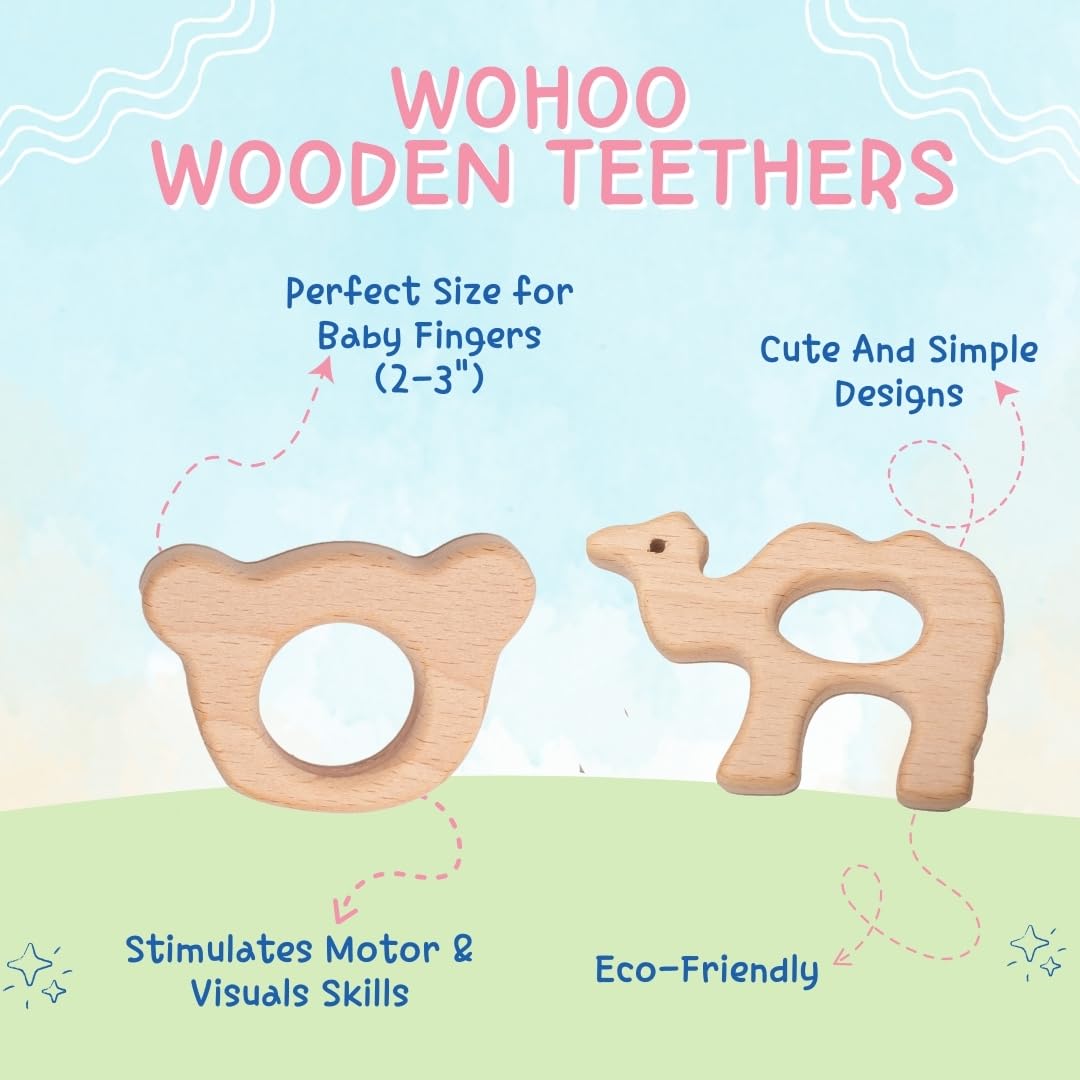Natural Wooden Teething Toys for Babies - Pack of 2 (Camel & Cat) | Safe & Non-Toxic Beech Wood Teethers | Soothing Relief for Teething Infants | Perfect Baby Shower Gift & Nursery Essential