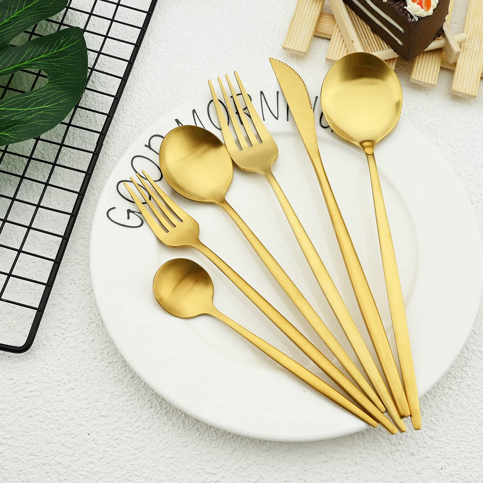 36-Piece Matte Gold Silverware Set - Satin Finish Stainless Steel Flatware Set with Flat Handle, Service for 6 (Includes Coffee Spoon) | Elegant Dining Utensils for Restaurants, Dinner Parties & Home Entertaining