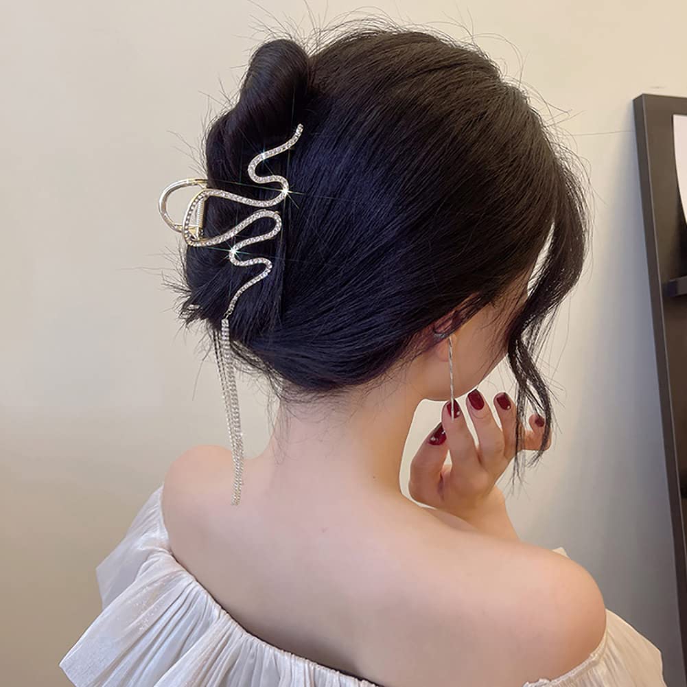 Clataly Snake-Shaped Tassel Hair Clip - Large Shark Bite Hair Claw for Women & Girls - Silver Animal Hair Accessories for Parties, Weddings & Everyday Styling