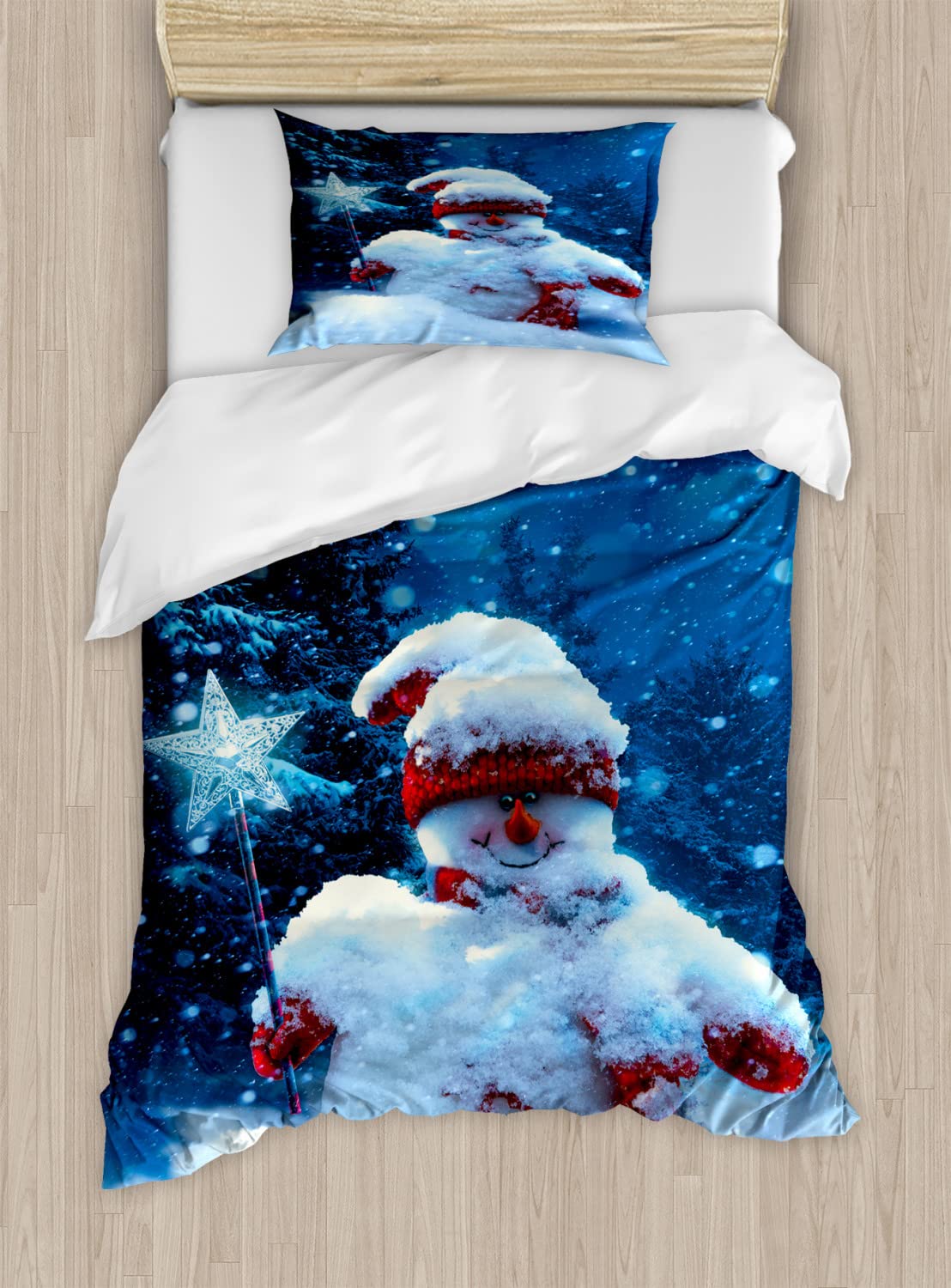 Ambesonne Christmas Duvet Cover Set - Snowman with Magic Wand & Snowy Fir Branches Winter Night Design - 2 Pack Cal King Size Bedding Set (2 Duvet Covers + 4 Pillowcases) - Navy Blue Red White - Perfect for Holiday Bedroom Decor & Cozy Winter Nights