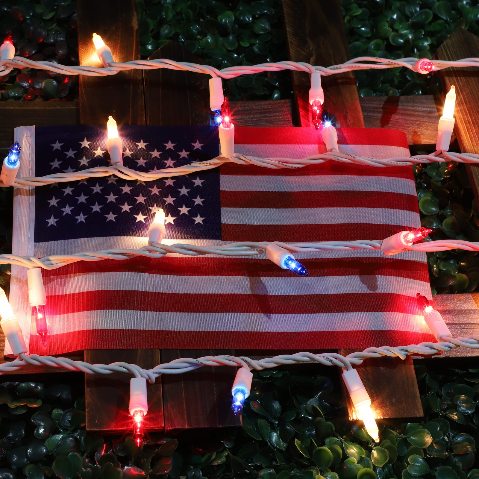 Red White & Blue Patriotic String Lights - 19.6Ft 100 LED Mini Lights with White Wire, UL Certified for Independence Day, Memorial Day, 4th of July Decorations - Perfect for Outdoor Patio, Garden, Party, and Holiday Lighting