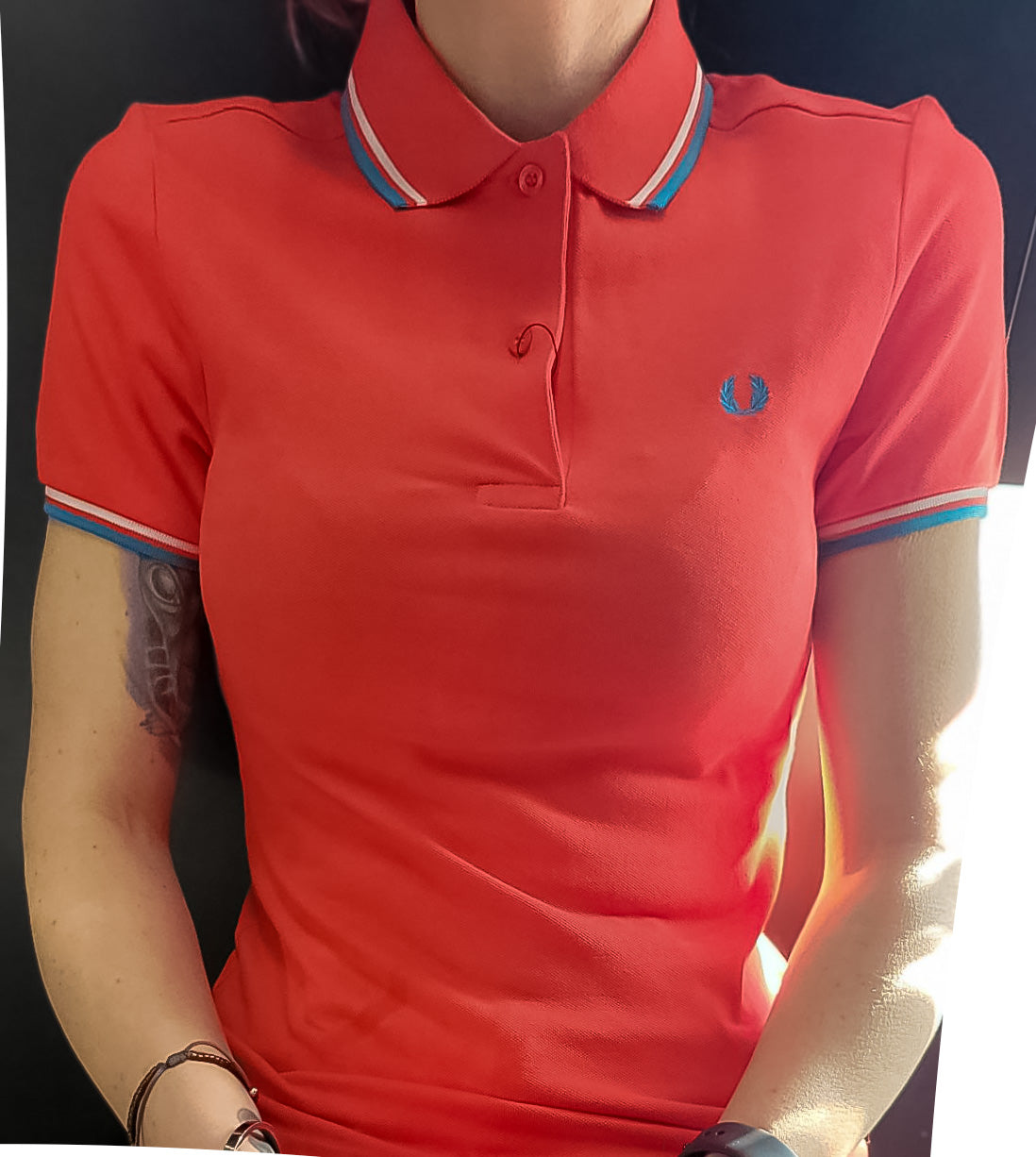 Fred Perry Women's Twin Tipped Polo Shirt - Pop Red, White & Baby Blue | Classic Casual Wear for Women | Perfect for Golf, Office & Everyday Fashion