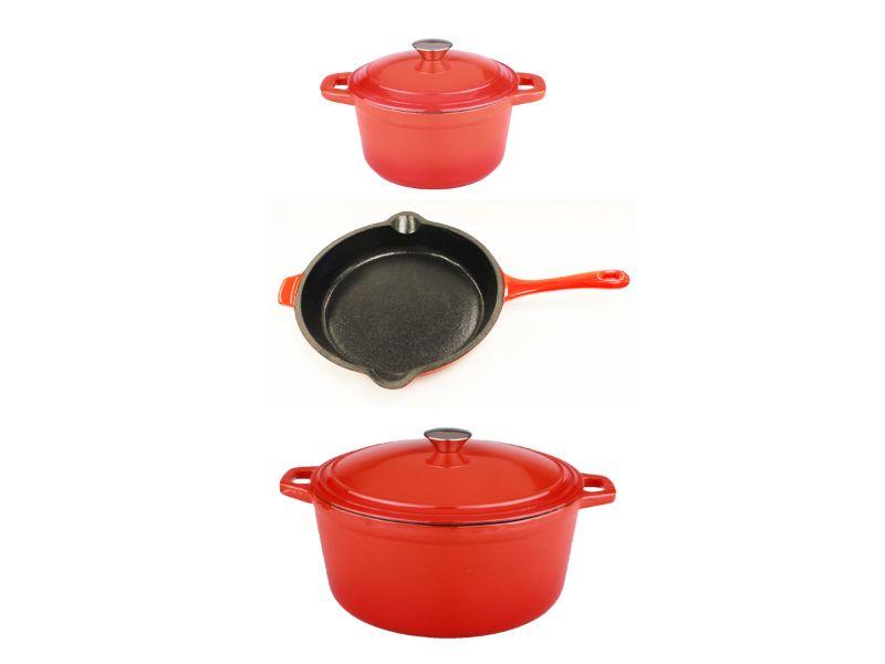 BergHOFF Neo 5-Piece Cast Iron Dutch Oven Set with 10-Inch Fry Pan, 3-Quart & 5-Quart, Orange Enameled Cookware - Perfect for Braising, Stewing, Baking & Camping Cooking