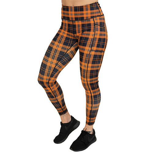 Stylish Pumpkin Patch Plaid Leggings for Women - Fall Fashion Stretch Comfort Pants for Autumn Outfits, Halloween, Thanksgiving & Cozy Seasonal Wear