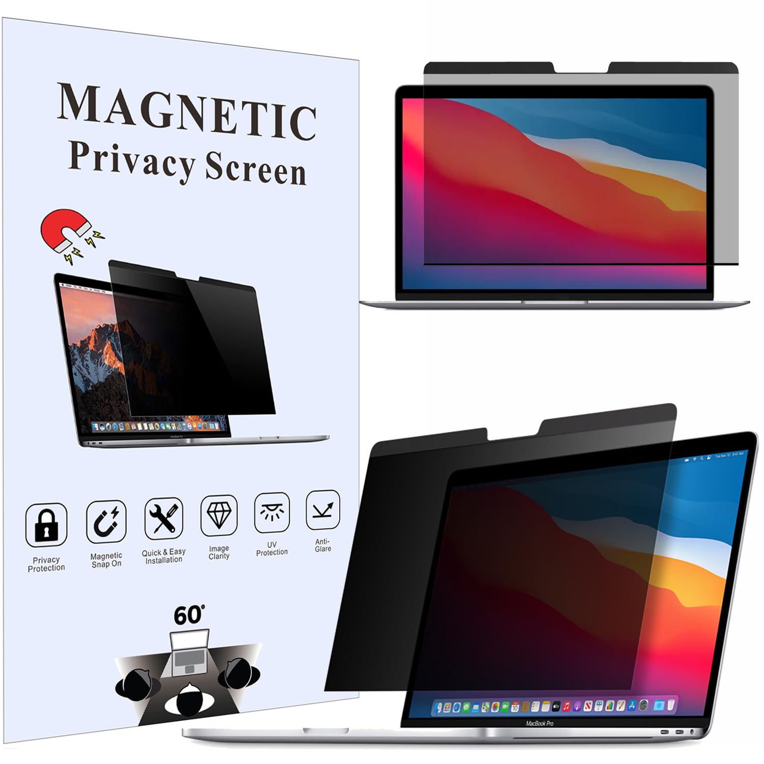 APeiSi 13 Inch Magnetic Privacy Screen Protector for MacBook Pro (2016-2024 M1/M2) & MacBook Air (2018-2021 M1) - Anti Glare, Blue Light Filter, Privacy Shield - Perfect for Office, Coffee Shops & Public Spaces