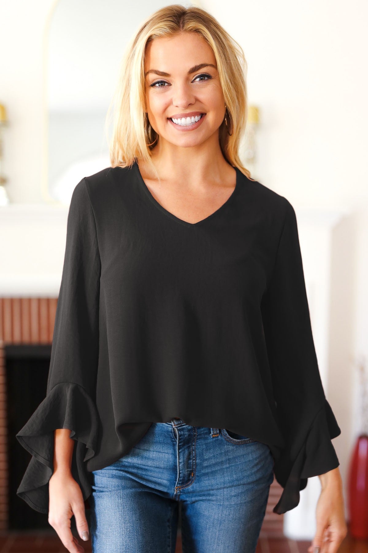 Falling In Love Black Hi-Lo Ruffle Sleeve Woven Top for Women | Elegant Party & Date Night Blouse | Perfect for Evening Events, Cocktail Parties and Romantic Outfits
