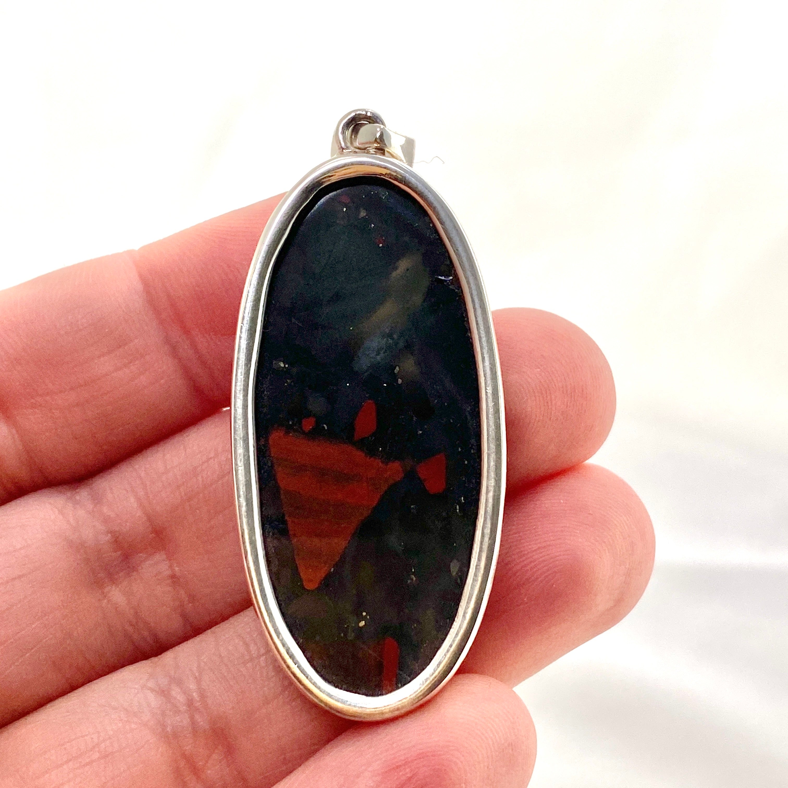 Natural Bloodstone Oval Cabochon Pendant in Handcrafted Hammered Sterling Silver Setting KPGJ4739 - Perfect for Healing Jewelry & Spiritual Gift Giving