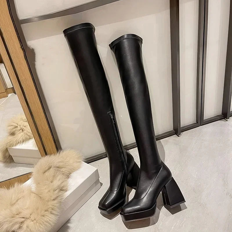 Stylish Black Long Boots for Women - Fashionable Square Toe High Heel Over The Knee Boots with Zippers | Winter Shoes & Elegant Modern Booties for Party, Office & Night Out
