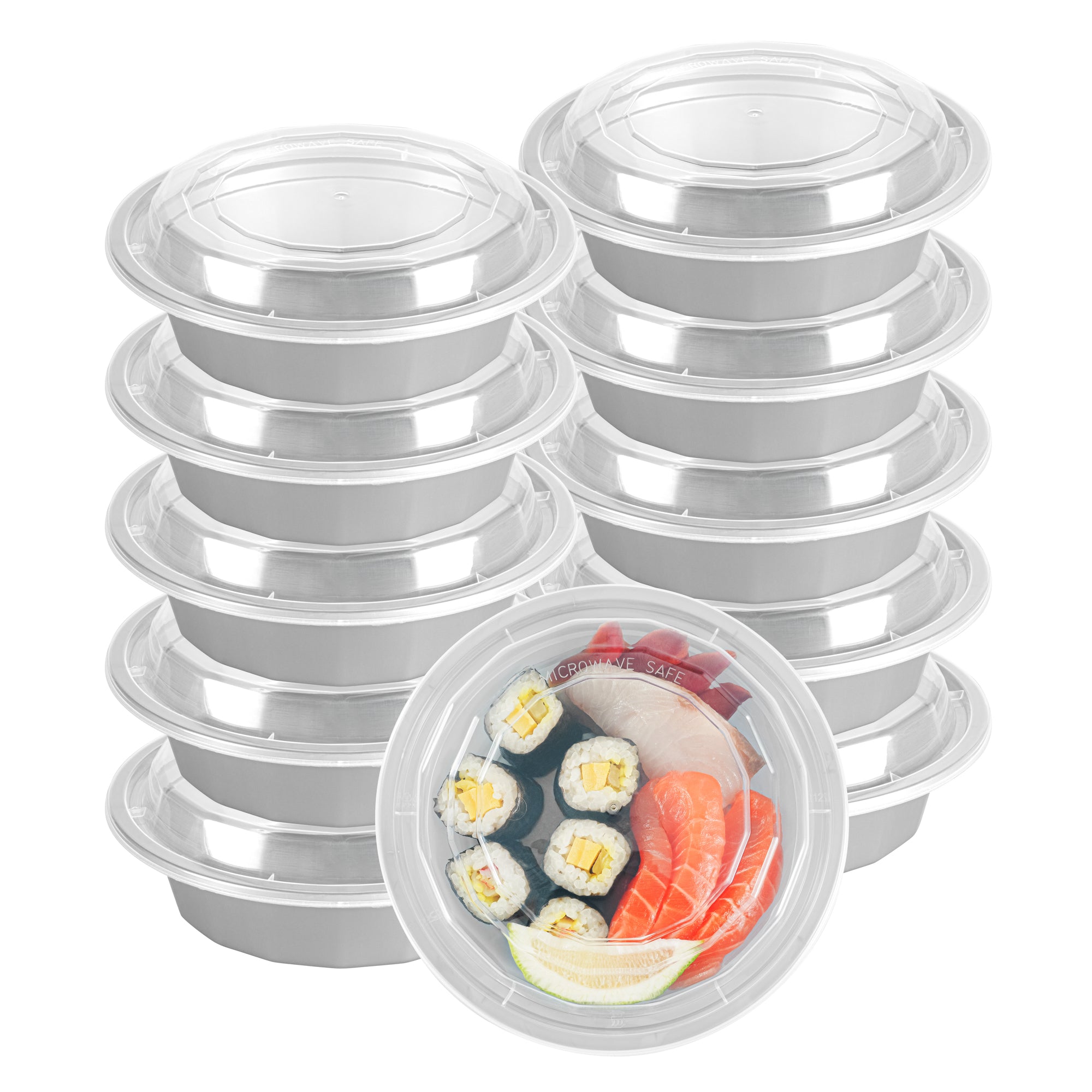 16 oz Round Silver Plastic To-Go Containers with Clear Lids - Microwave Safe, 6.25