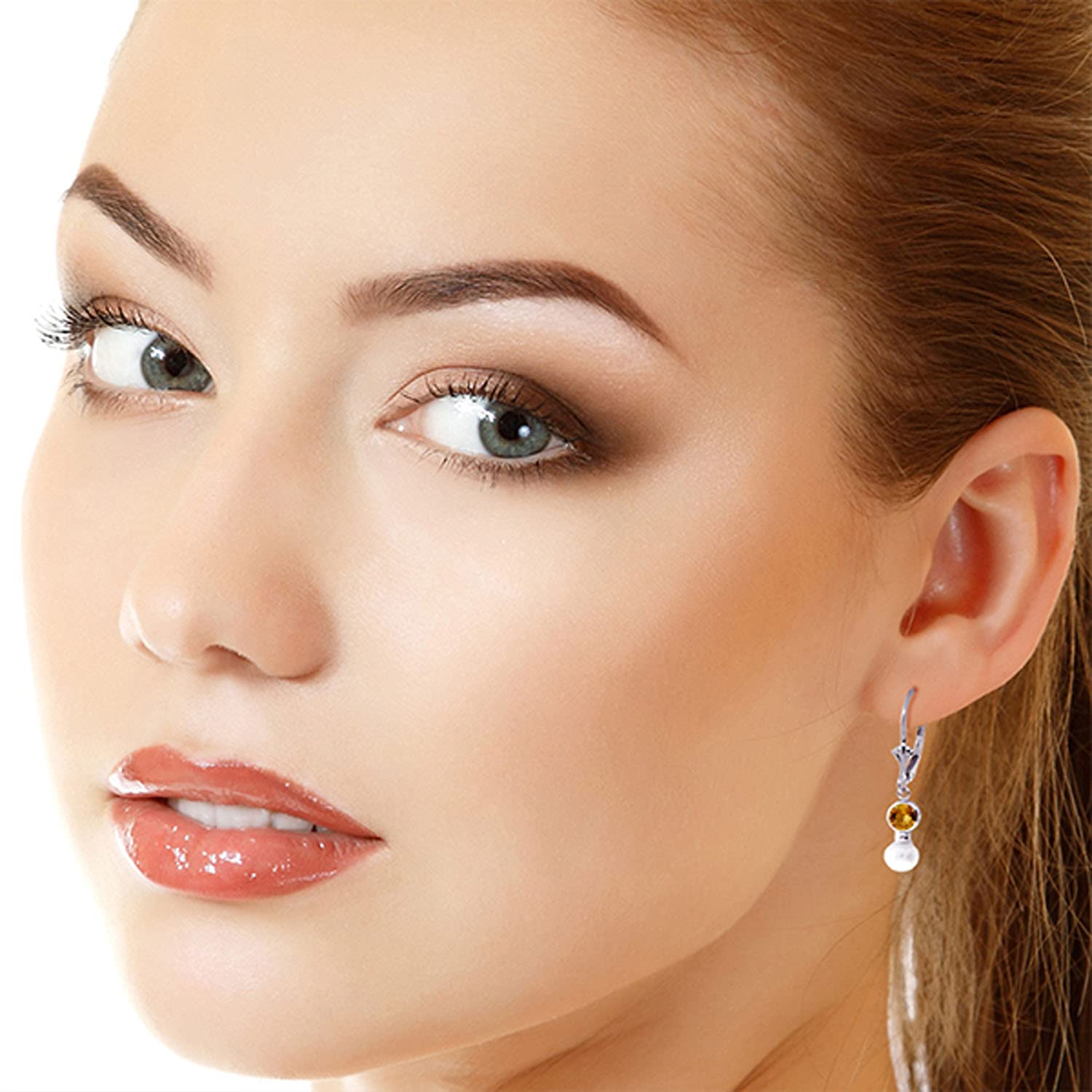 5.2 Carat 14K Solid White Gold Leverback Earrings with Pearl & Citrine Gemstones - Elegant Jewelry for Weddings, Parties & Special Occasions