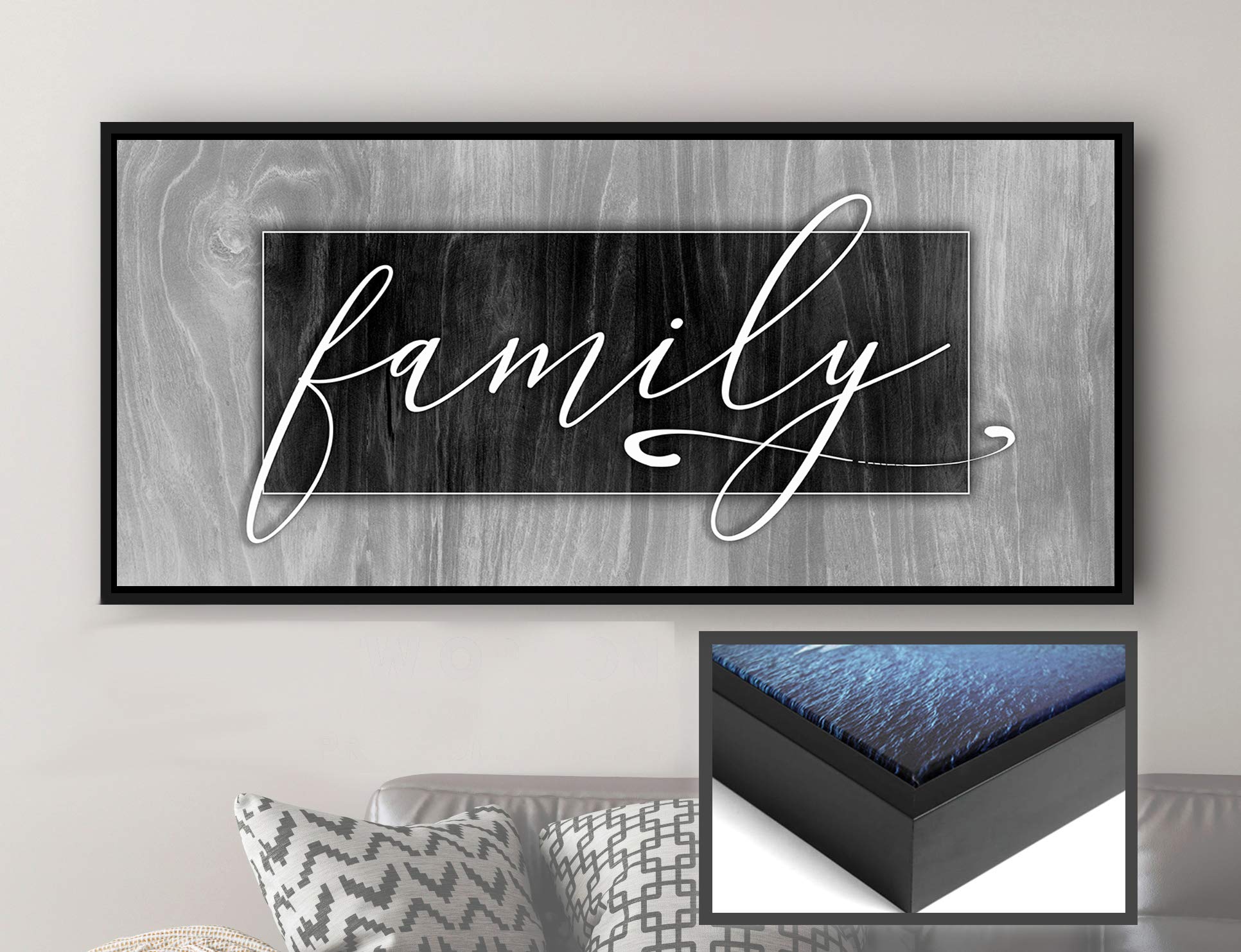 Farmhouse Family Sign Wall Decor - Rustic Hanging Home Art with Grey & Black Floating Frame (42x19) - Perfect for Living Room, Entryway, or Bedroom Decor
