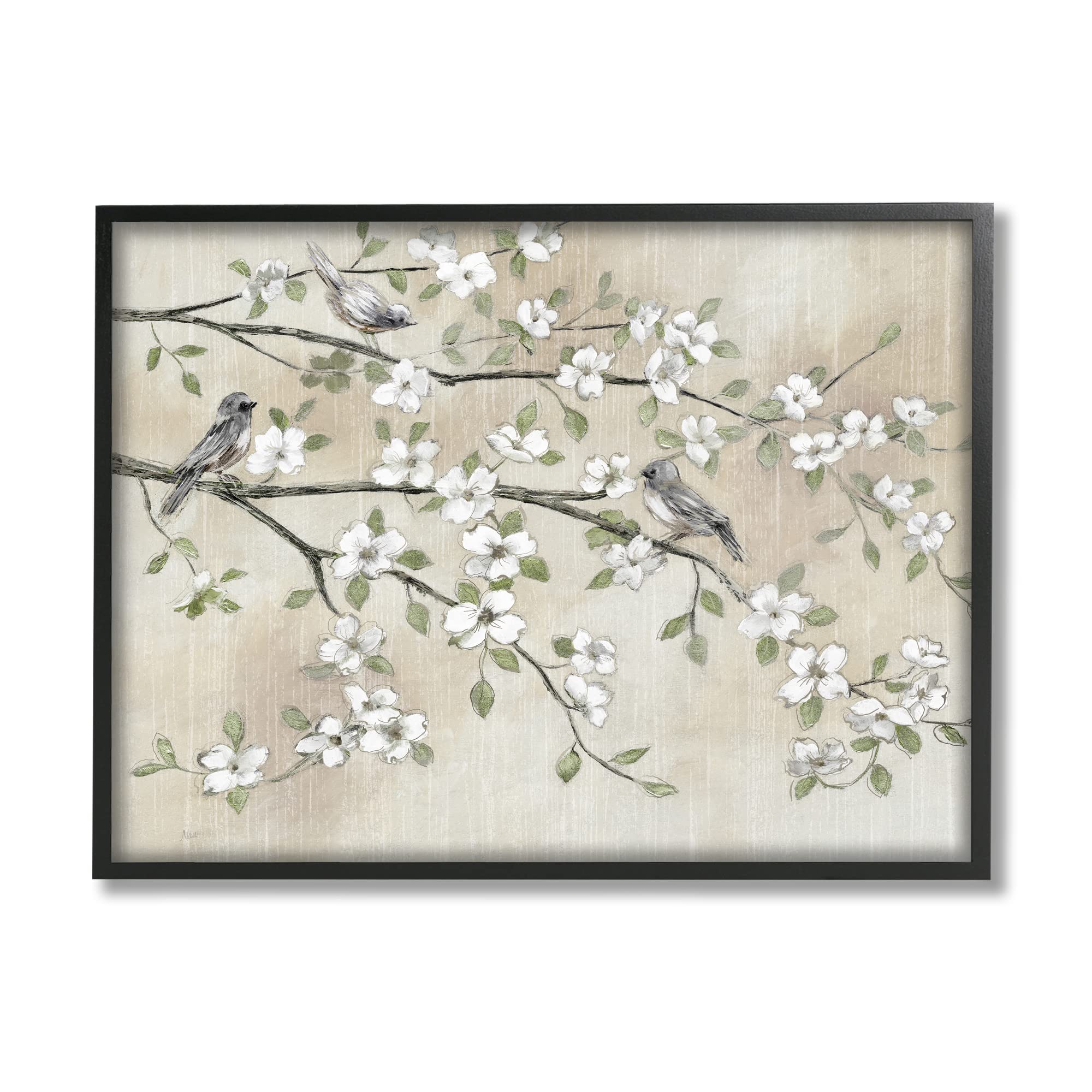 Stupell Industries Traditional White Cherry Blossom Birds Branches Painting - Handmade Canvas Wall Art by Nan - Perfect for Living Room, Bedroom & Office Decor