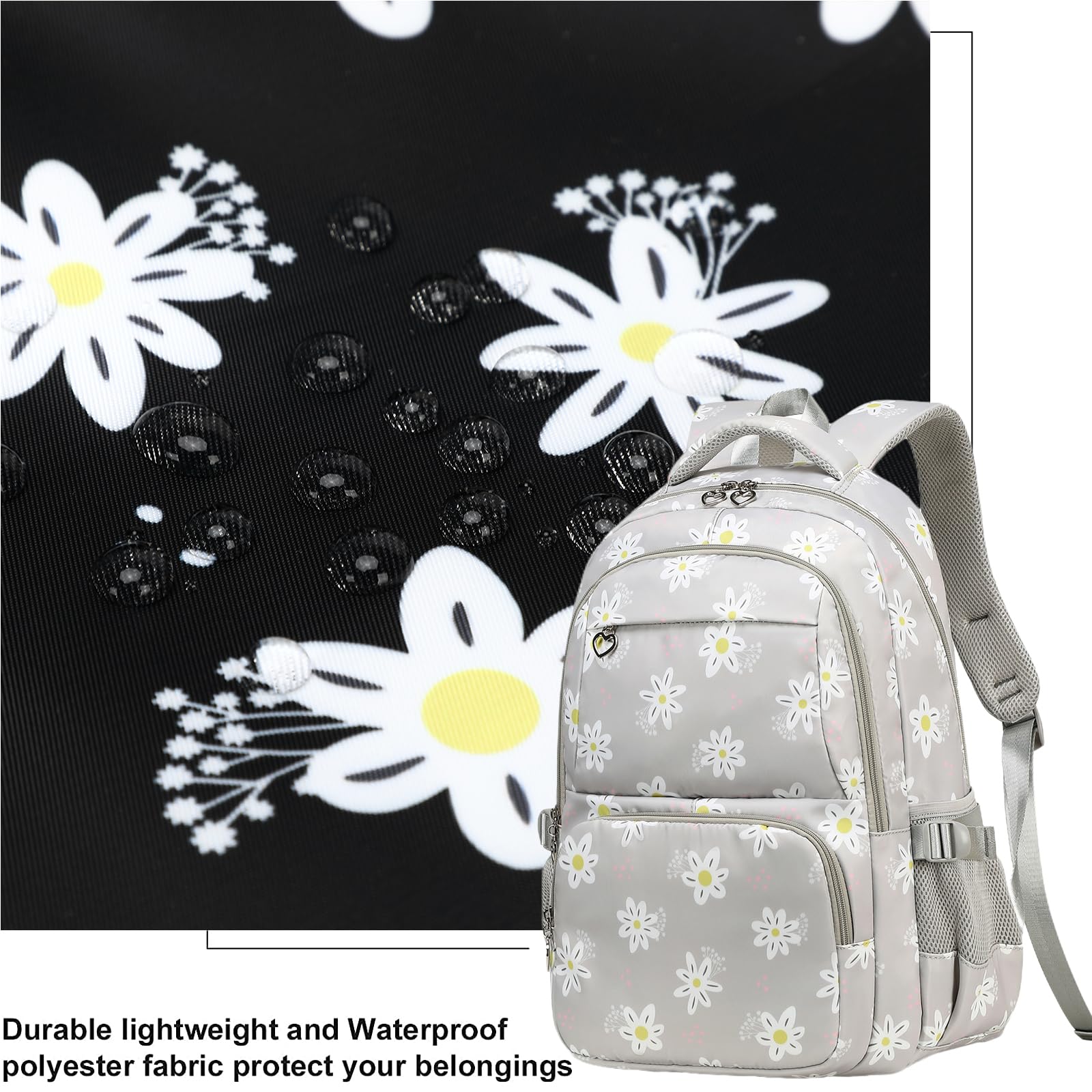 Joyfulife 3Pcs Cute Daisy Print Backpack Set for Girls - Lightweight School Backpack with Lunch Box, Elementary Student Bookbag for Daily Use, School, Travel & Outdoor Activities