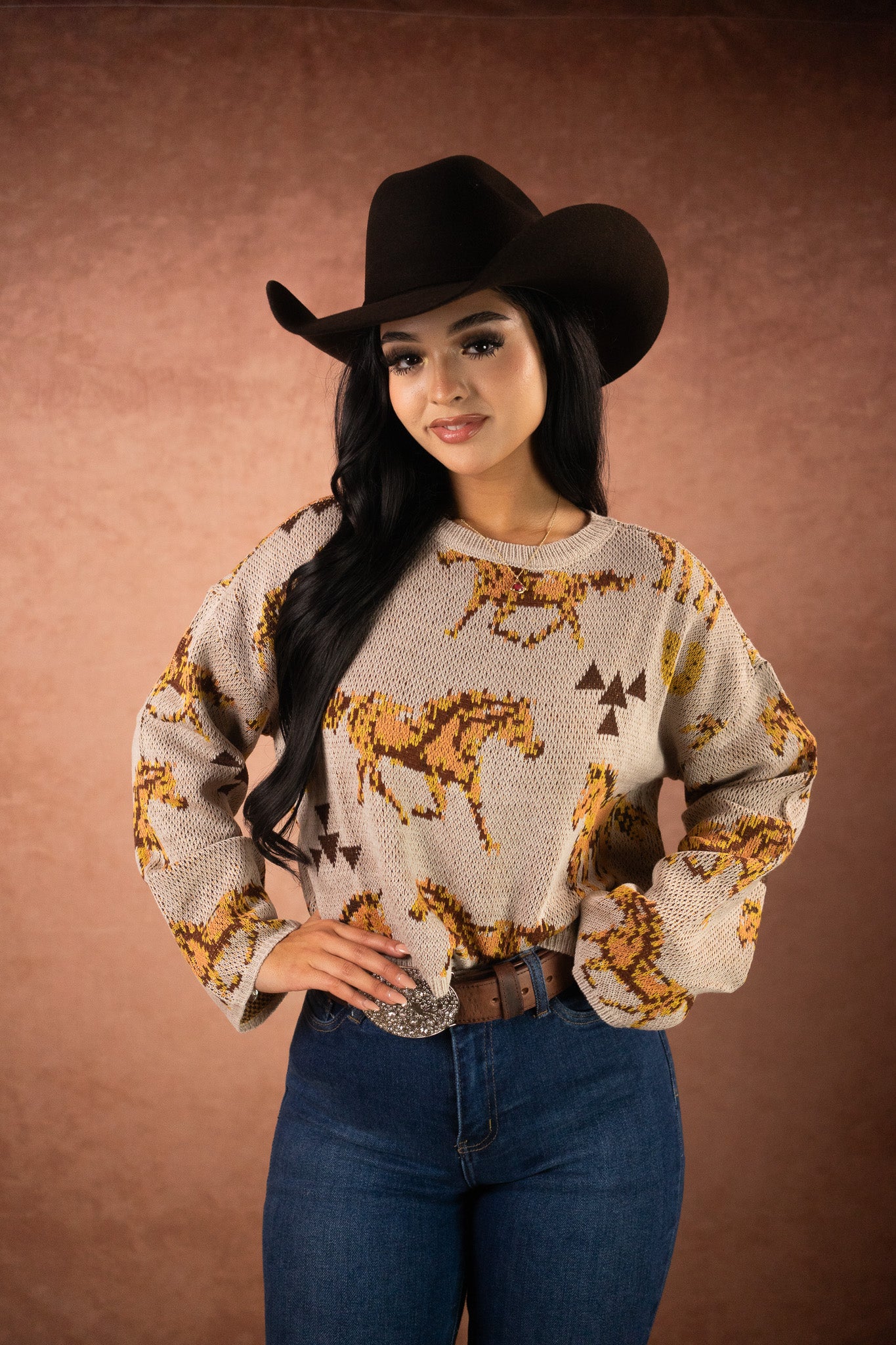 Rock & Roll Denim Horse Knit Sweater for Men & Women - Vintage Style Pullover - BW32T04997 - Perfect for Casual Wear, Concerts, and Fall Fashion