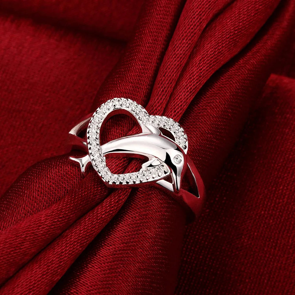 Dolphin Heart Ring - Sterling Silver Ocean Animal Jewelry for Women - Perfect Gift for Beach Lovers, Marine Life Enthusiasts & Nature-Inspired Fashion