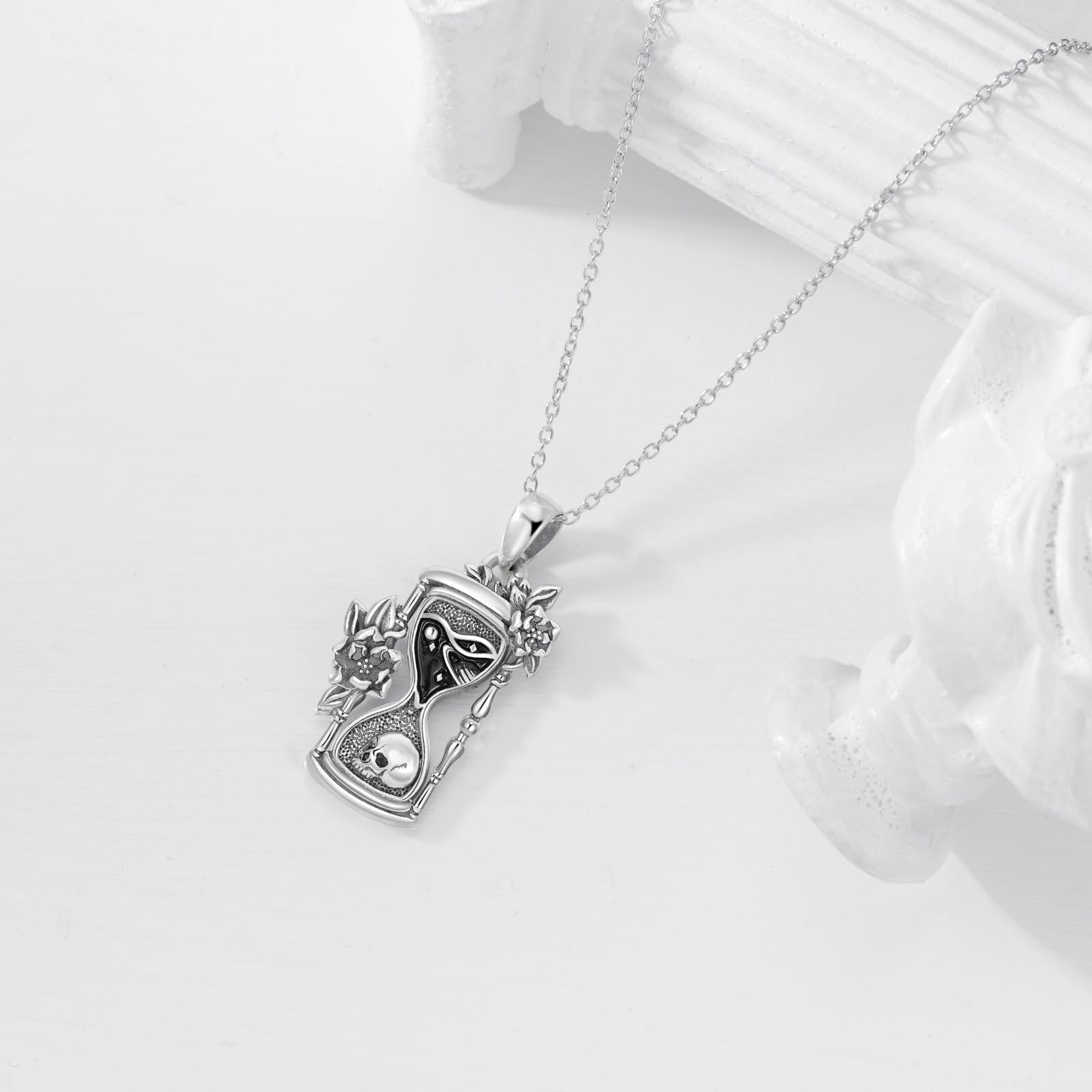 Sterling Silver Memento Mori Necklace with Skull & Hourglass Pendant - Gothic Jewelry for Women, Men | Perfect for Halloween, Dark Aesthetic Fashion & Everyday Wear