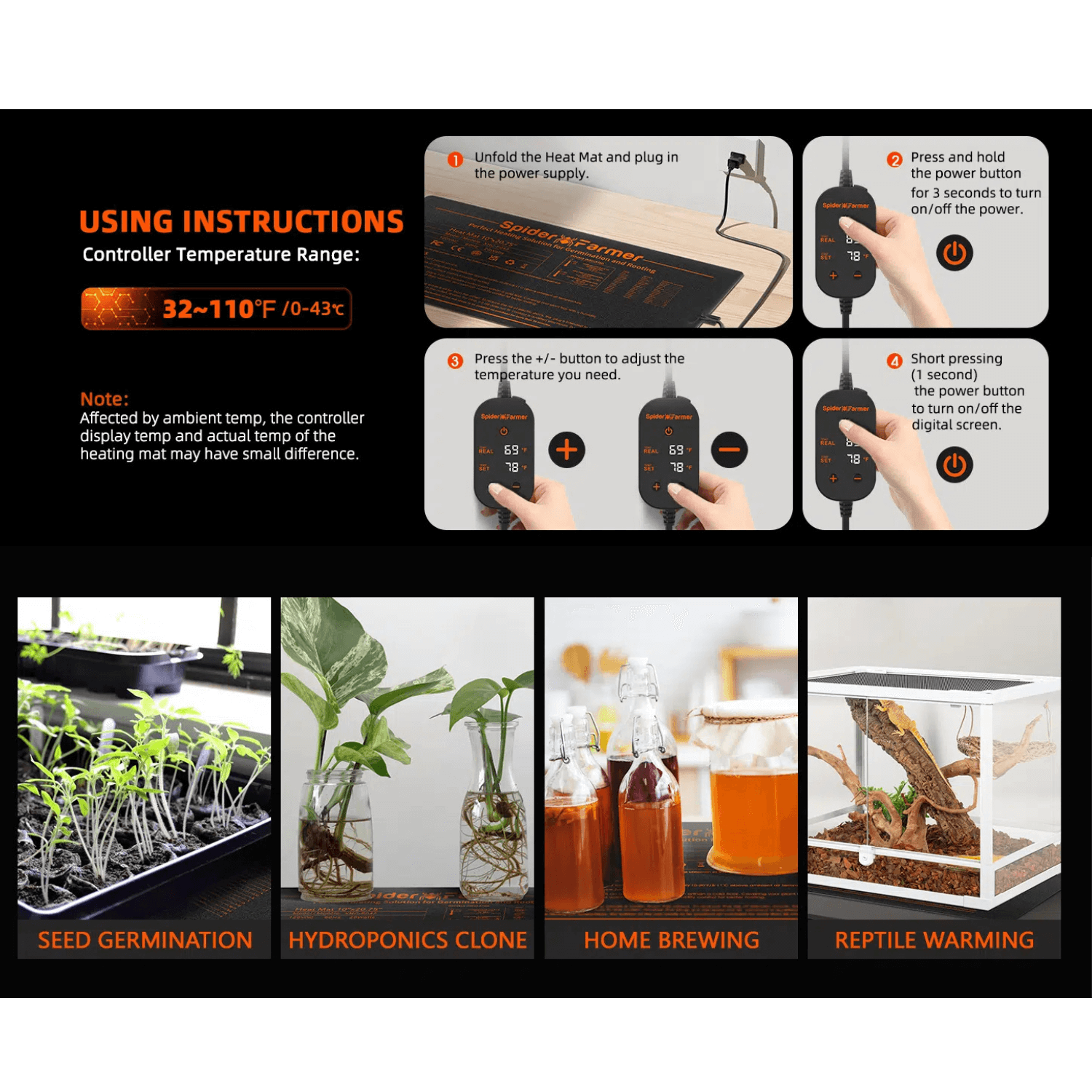 Spider Farmer 10 x 20.75 Inch Seedling Heat Mat with Digital Thermostat Controller - Perfect for Indoor Gardening, Hydroponics & Plant Propagation