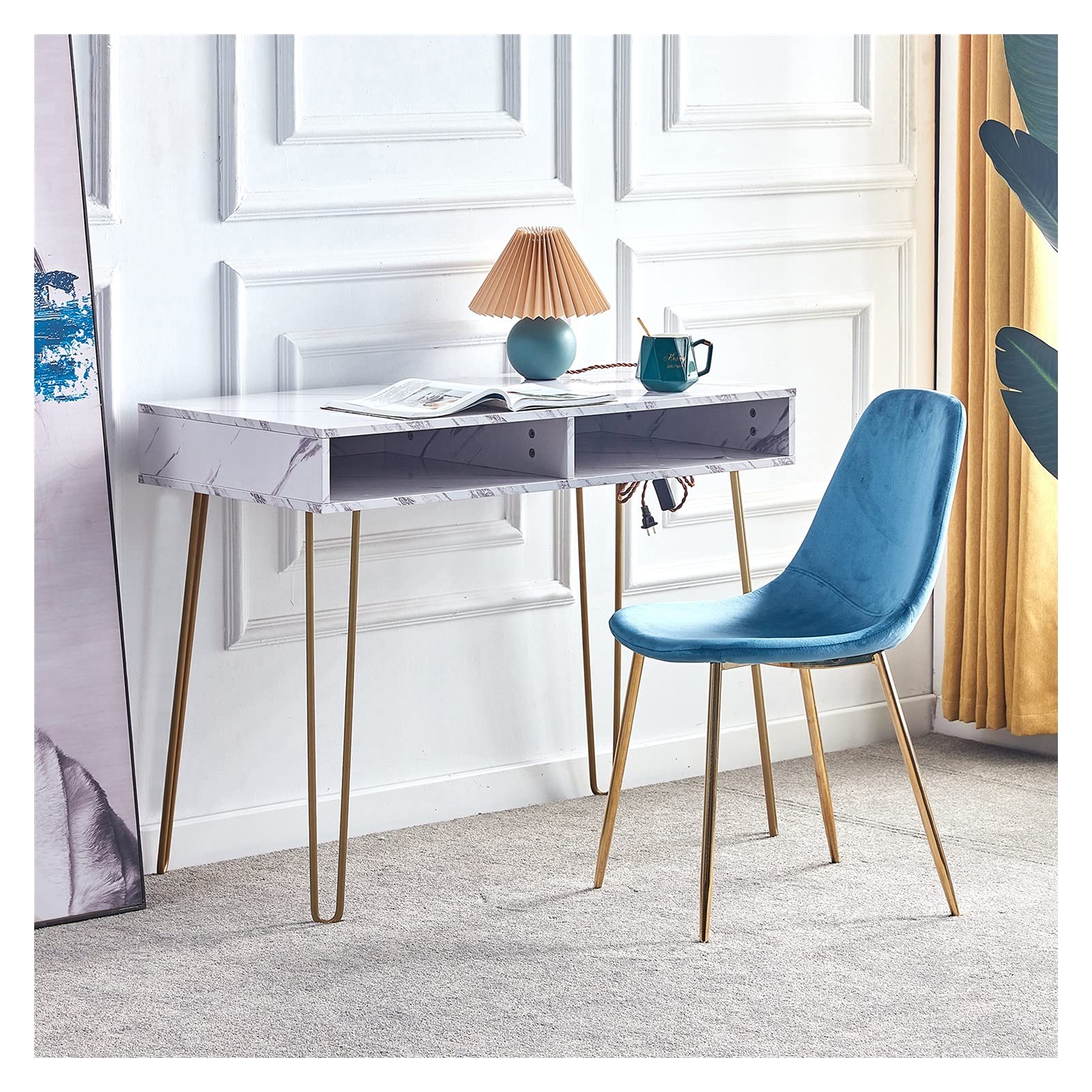WHNB Modern Marble MDF Top Console Table with Gold Metal Legs - Elegant Side Table for Bedroom, Living Room, Dining Room & Kitchen | Perfect for Entryway Decor, Hallway Accent & Small Space Furniture (White)