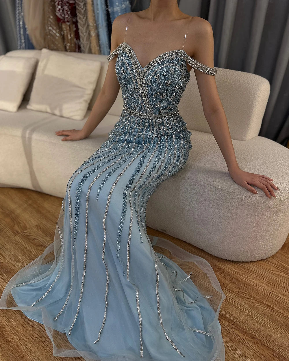 Elegant Dubai Blue Beaded Mermaid Prom Dress - Luxury Saudi Evening Gown for Formal Events & Special Occasions | Perfect for Weddings, Galas, and Red Carpet Events