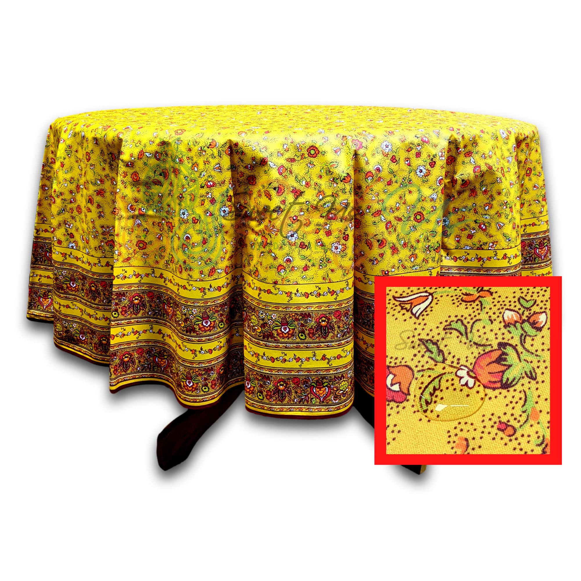 Spill-Resistant Wipeable Acrylic Coated Floral Cotton Tablecloth - French Provencal Style Round Table Cover 71 Inch, Yellow | Perfect for Kitchen, Dining Room & Outdoor Picnics