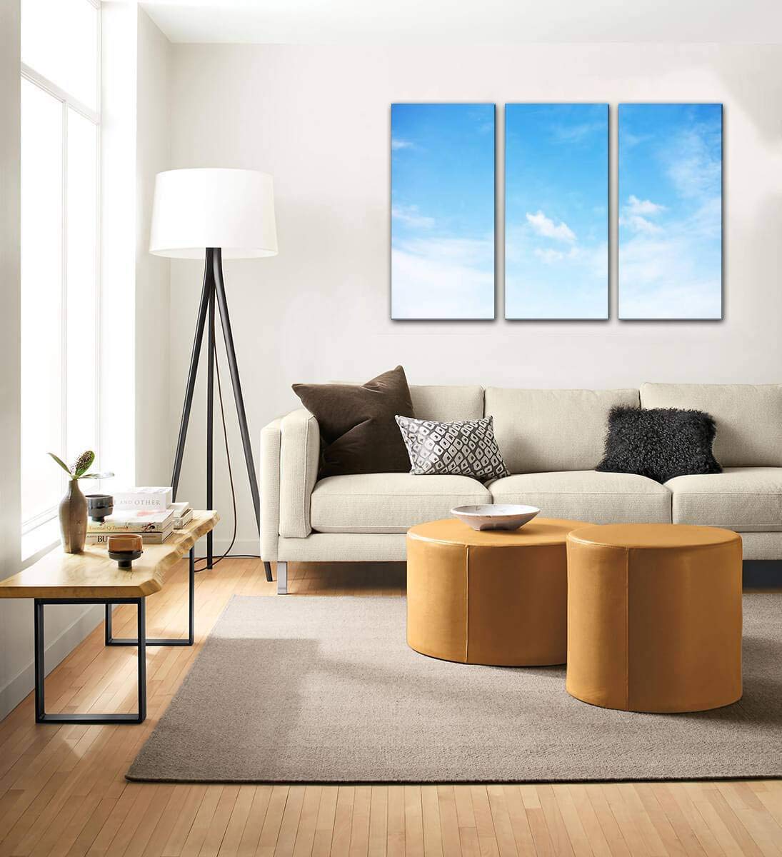 Blue Sky and White Clouds Soft Focus Canvas Wall Art - 3 Panel Landscape Paintings for Living Room & Bedroom Decor - Nature Inspired Home Wall Decor Posters | Perfect for Zen Spaces, Office Relaxation & Nursery Wall Decoration