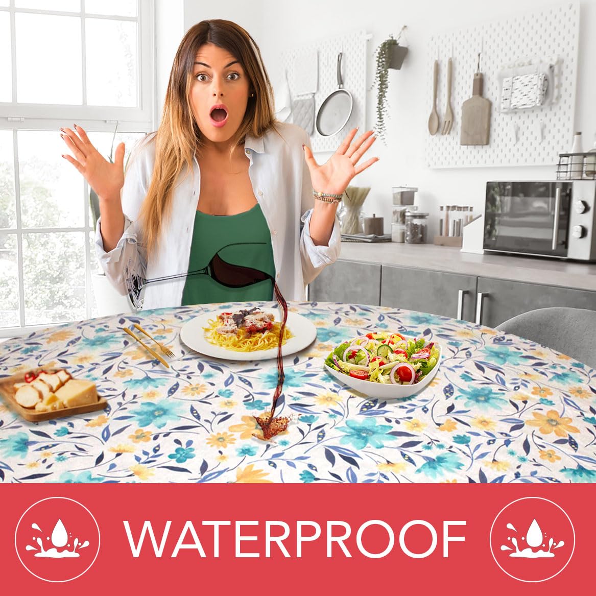 Premium Elastic Flannel-Backed Vinyl Tablecloth - Floating Floral Design for Round, Oblong & Oval Tables (Fits 45
