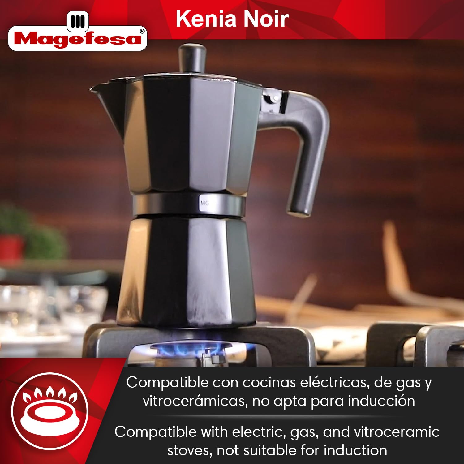 MAGEFESA Kenia Noir Stovetop Espresso Moka Pot - 9 Cup (15 oz) Aluminum Italian Coffee Maker for Cuban & Espresso Coffee - Extra Thick Heat-Resistant Handle, Safe & Easy to Use - Perfect for Home, Office & Camping Brewing