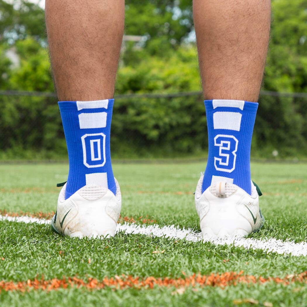 Custom Team Number Crew Socks for Youth & Adults - Athletic Sports Socks in Blue | Personalized with Your Chosen Number | Perfect for Basketball, Soccer & Team Sports