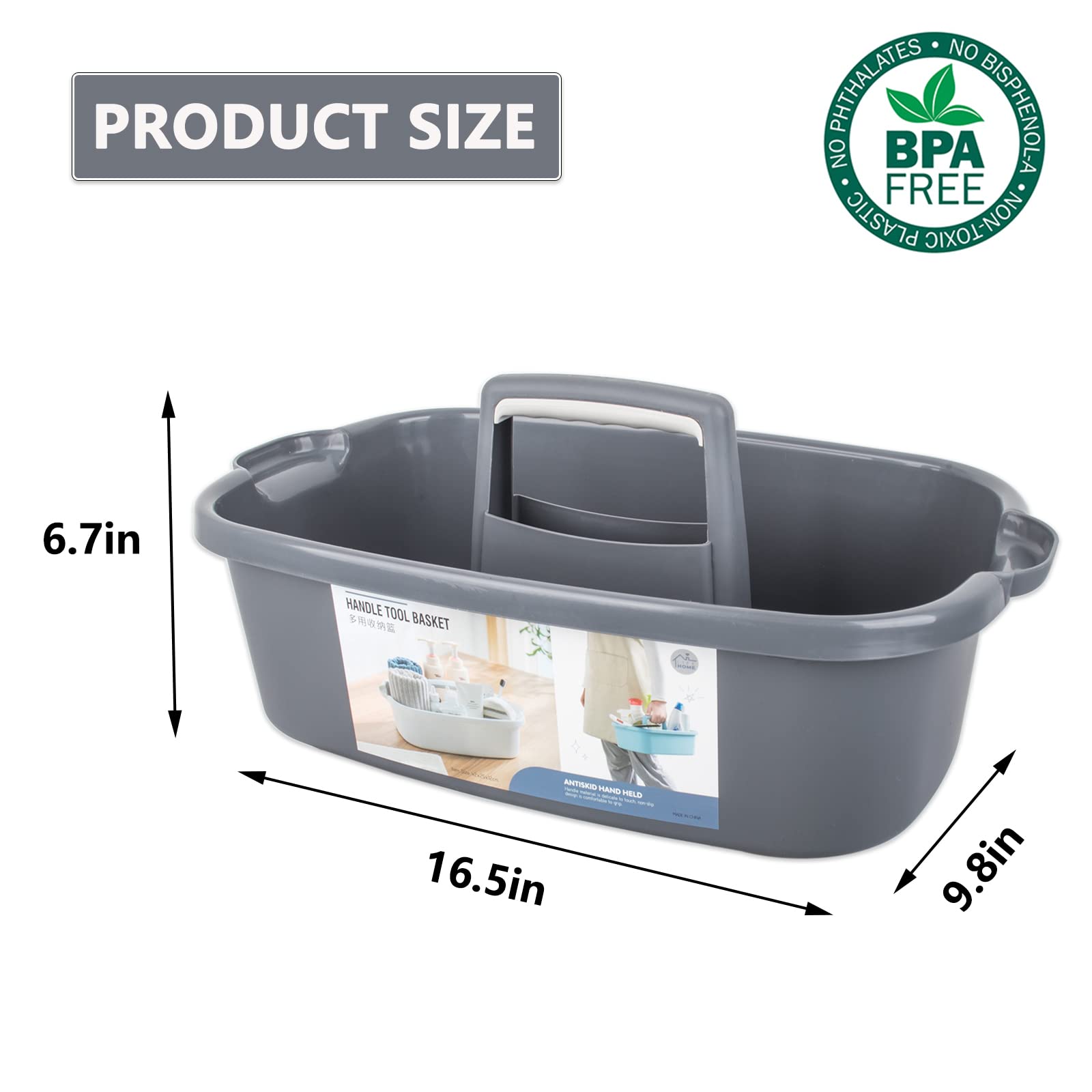 Jiatu Large Shower Caddy Organizer with Handle - Portable Plastic Storage Basket for Bathroom, Kitchen, College Dorm - 2 Pack Dark Gray Cleaning Supplies Holder | Perfect for Bath Essentials, Toiletries & Garden Tools Organization