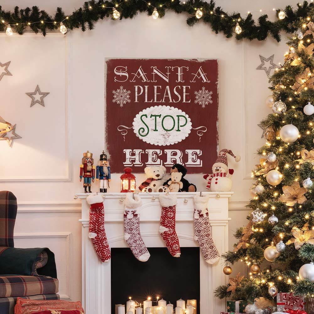 Santa Please Stop Here Wall Art - Cute Christmas Winter Canvas Painting, Festive Red & Green Holiday Decor - Premium Gallery Wrapped Ready to Hang - 40x40 Inches - Made in USA - Perfect for Living Room, Bedroom & Office Christmas Decoration