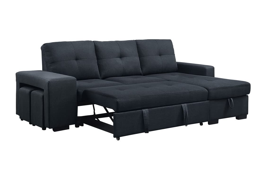 Lilola Home Lucas Dark Gray Linen Sleeper Sectional Sofa with Reversible Storage Chaise - Modern Convertible Couch for Small Spaces, Guest Room & Apartment Living