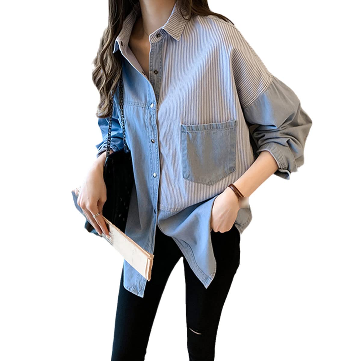 TBVIANE Women's Light Blue Denim Shirt - Korean Style Loose Fit Long Sleeve Cotton Top for Plus Size - Casual Spring Outfit for Work, Dating & Everyday Wear