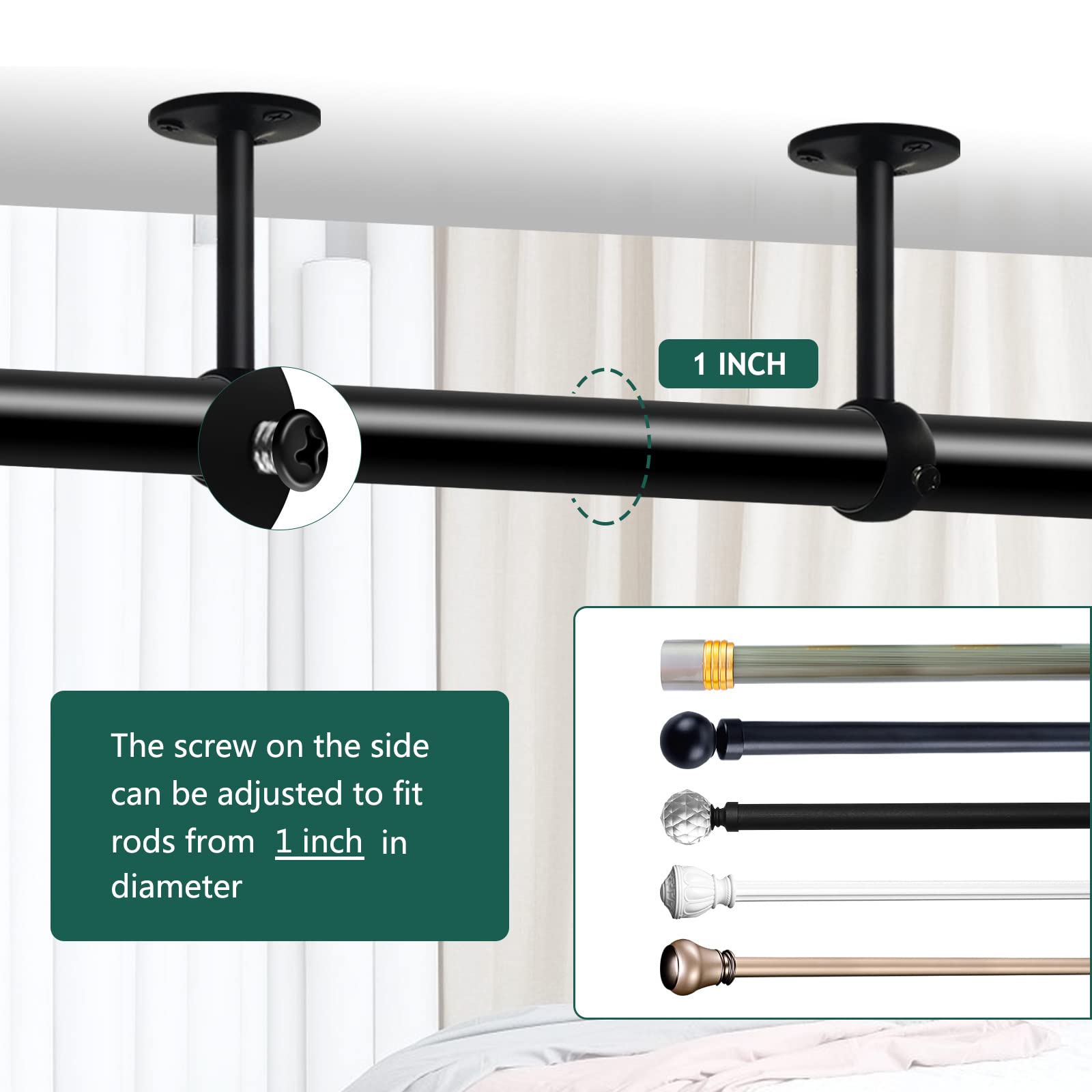 Heavy Duty 1 Inch Black Ceiling Mount Curtain Rod Brackets - 10 Pack for Living Room, Bedroom & Home Theater Installation