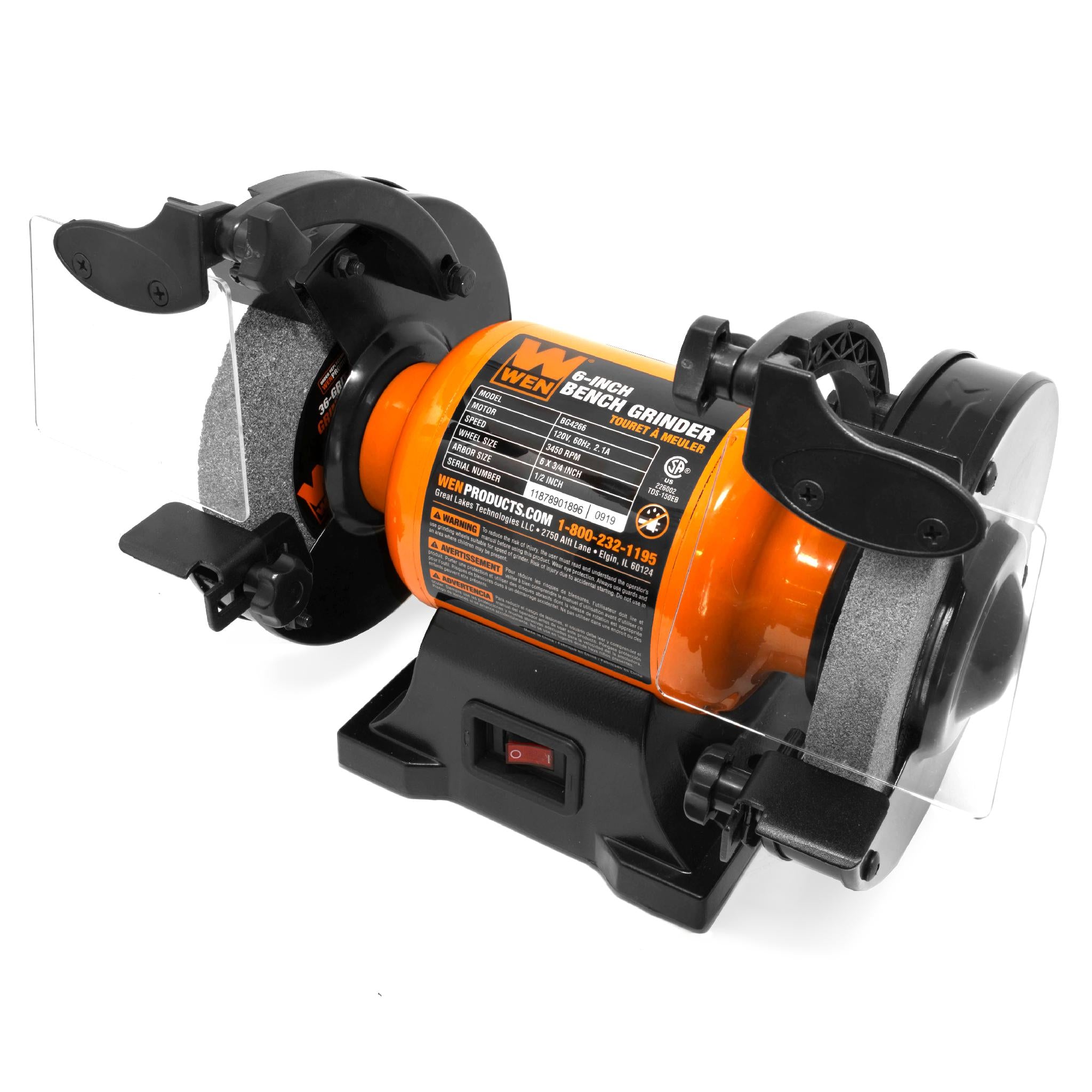 WEN BG4260 2.1 Amp 6 Inch Single Speed Bench Grinder - Heavy Duty Metal Grinding & Sharpening Tool for DIY Projects & Workshop Use