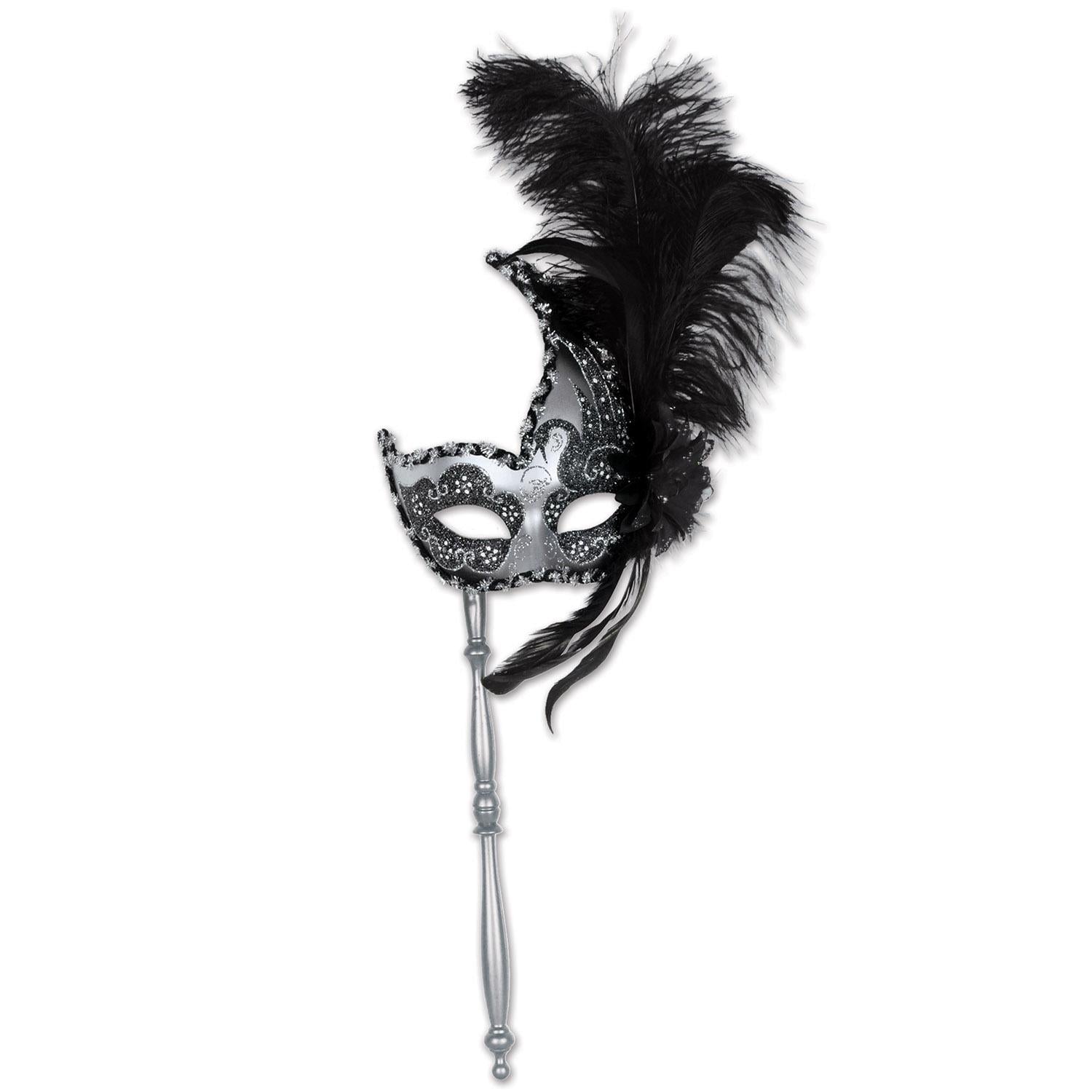 12 Pack Beistle Feathered Mardi Gras Masks with Sticks - Colorful Carnival Costume Accessories for Party, Halloween, and Festive Celebrations