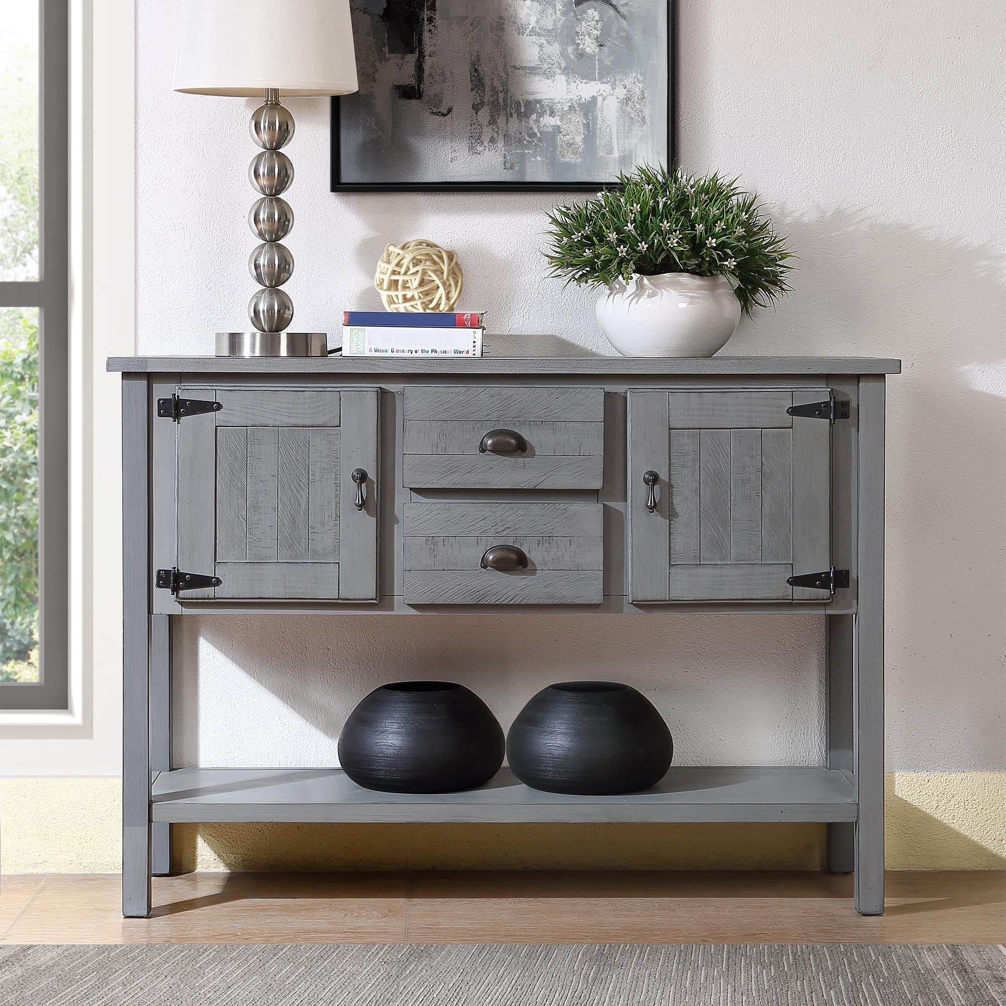 Knocbel Farmhouse Buffet Sideboard with 2 Storage Drawers & 2 Cabinets - Entryway Hallway Console Table, Coffee Bar Cabinet with Metal Handles (Antique Gray) - Perfect for Living Room, Dining Room & Home Office Storage Solution