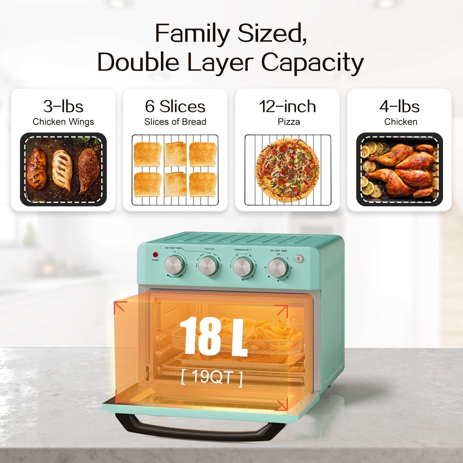 SIMOE 19QT 7-in-1 Retro Air Fryer Toaster Oven Combo with Convection Bake, Toast, Broil & Warm Functions - 1550W Stainless Steel Countertop Oven with 5 Accessories & Recipe Book (Turquoise) - Perfect for Small Kitchens, Dorms, Apartments & Healthy Cooking